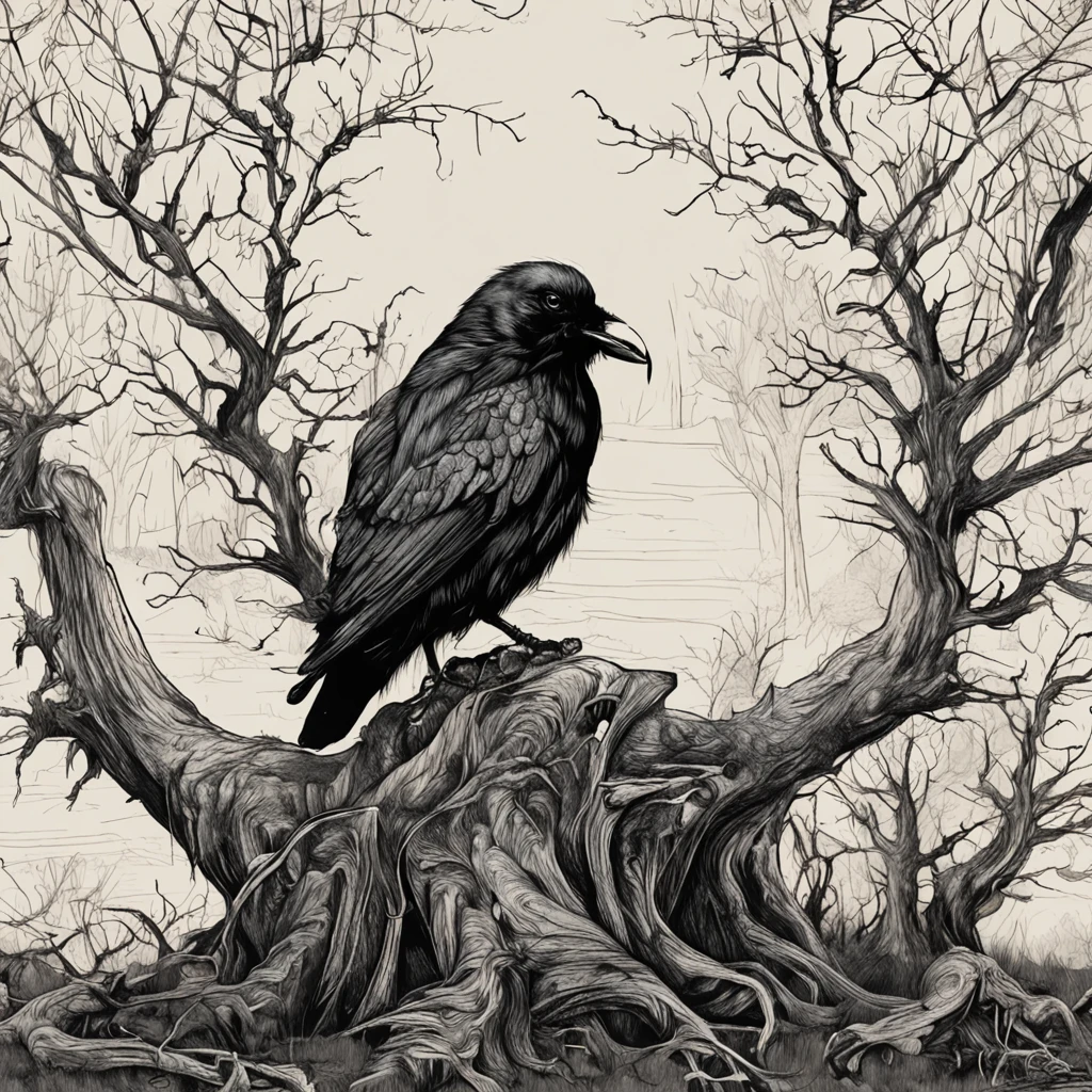 a black bird sitting on top of a skull next to a tree, crows as a symbol of death, arte escura altamente detalhada, just art for dark metal music, arte macabra, Arte digital escura, mas detalhada, vida e morte se misturando, Old - Arte de fantasia sombria da escola, arte macabra de stanat cavado, estilo de arte escuro, Fantasia sombria misturada com realismo