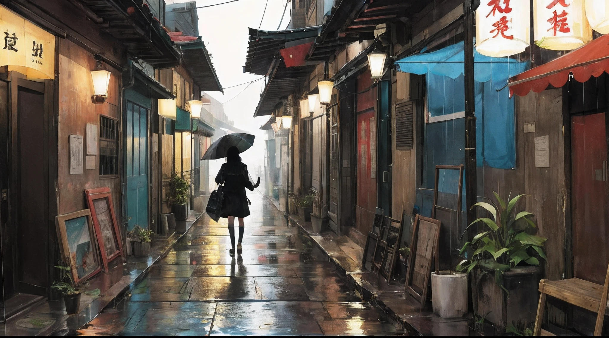 Holding an oil-paper umbrella，Alone wanders for a long time、The long, lonely rain alleys of the ancient city, I hope to meet an orchid-like girl with a grudge