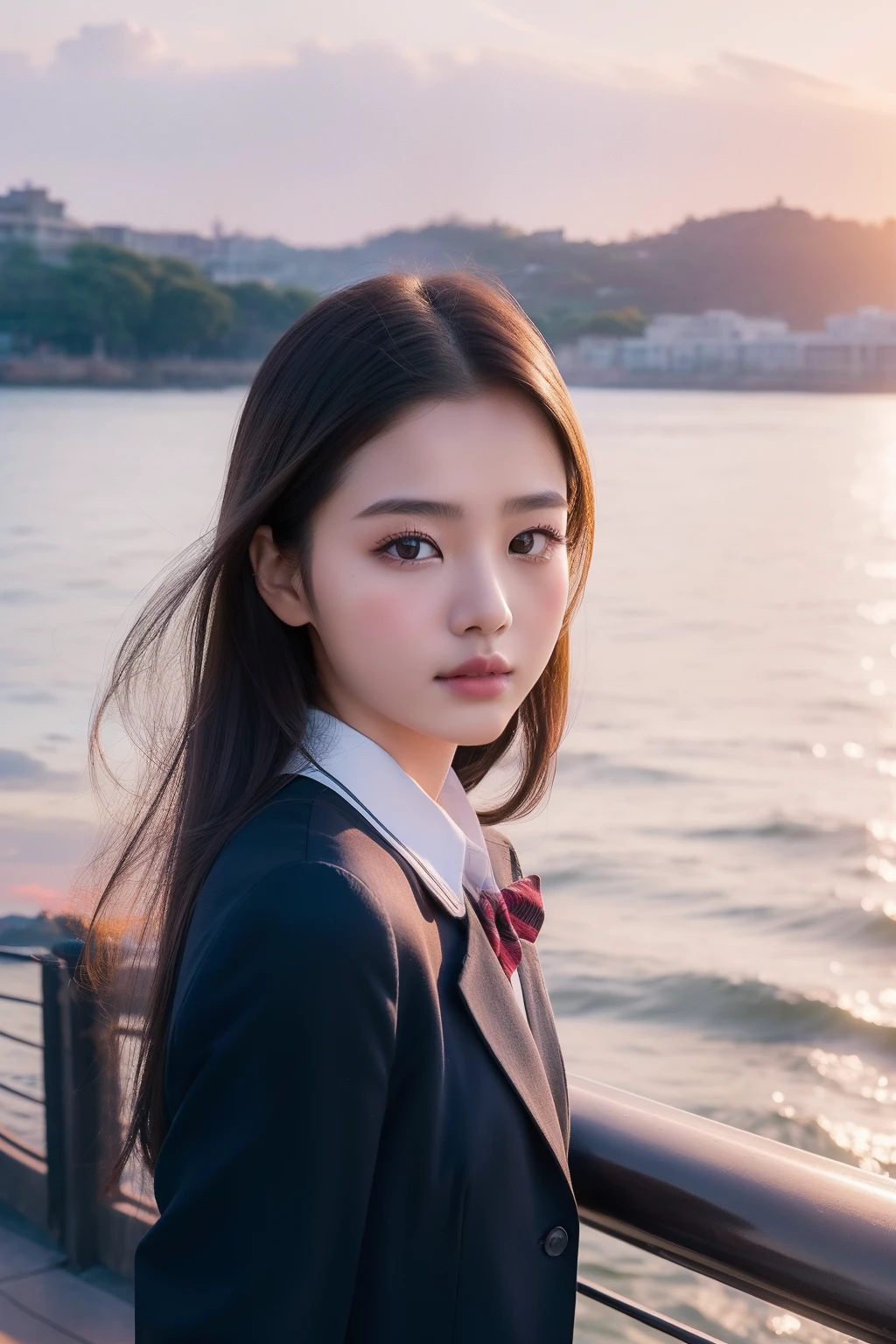 (top-quality、8K、32K、masterpiece)Beautuful Women、Unusual look、in school uniform、Sunset,sea side、ren