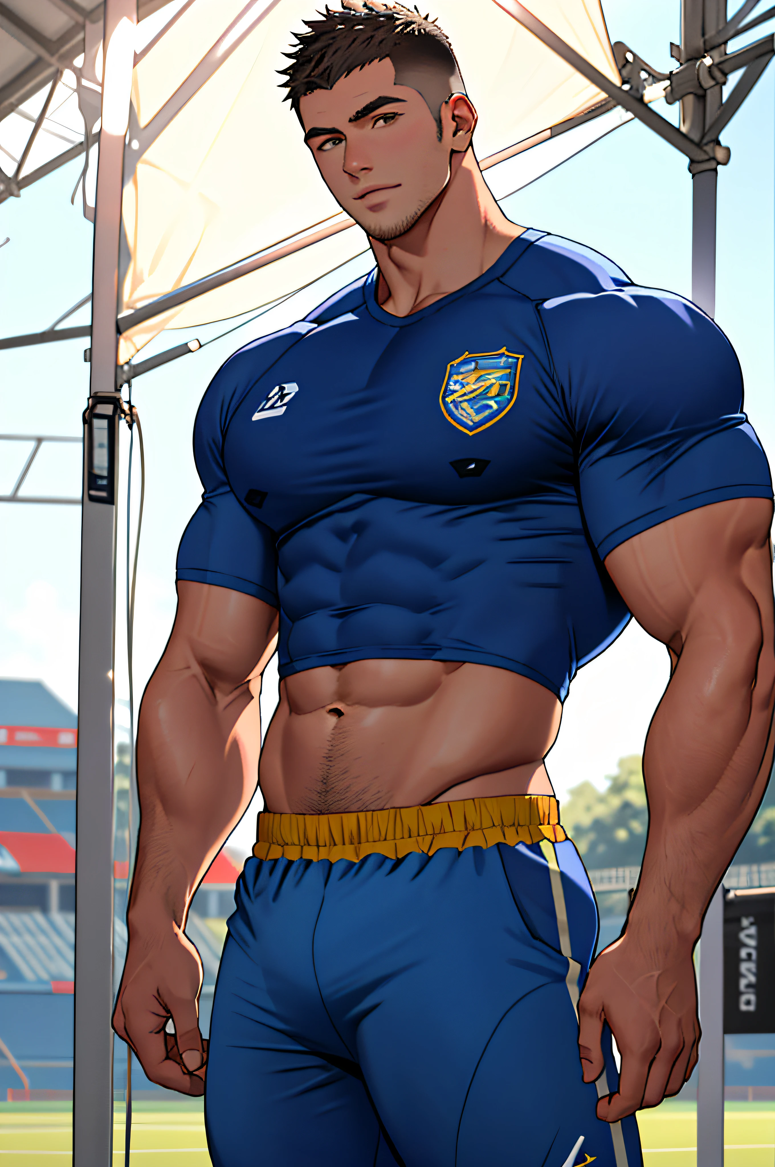 Draw a full-fledged athlete,Stand on the central field of the gym,He wears high-end sportswear,The man looks confident and determined,rays of sunshine,cheerful big breasts,Handsome,Crew cut,full bodyesbian,shooting from below,