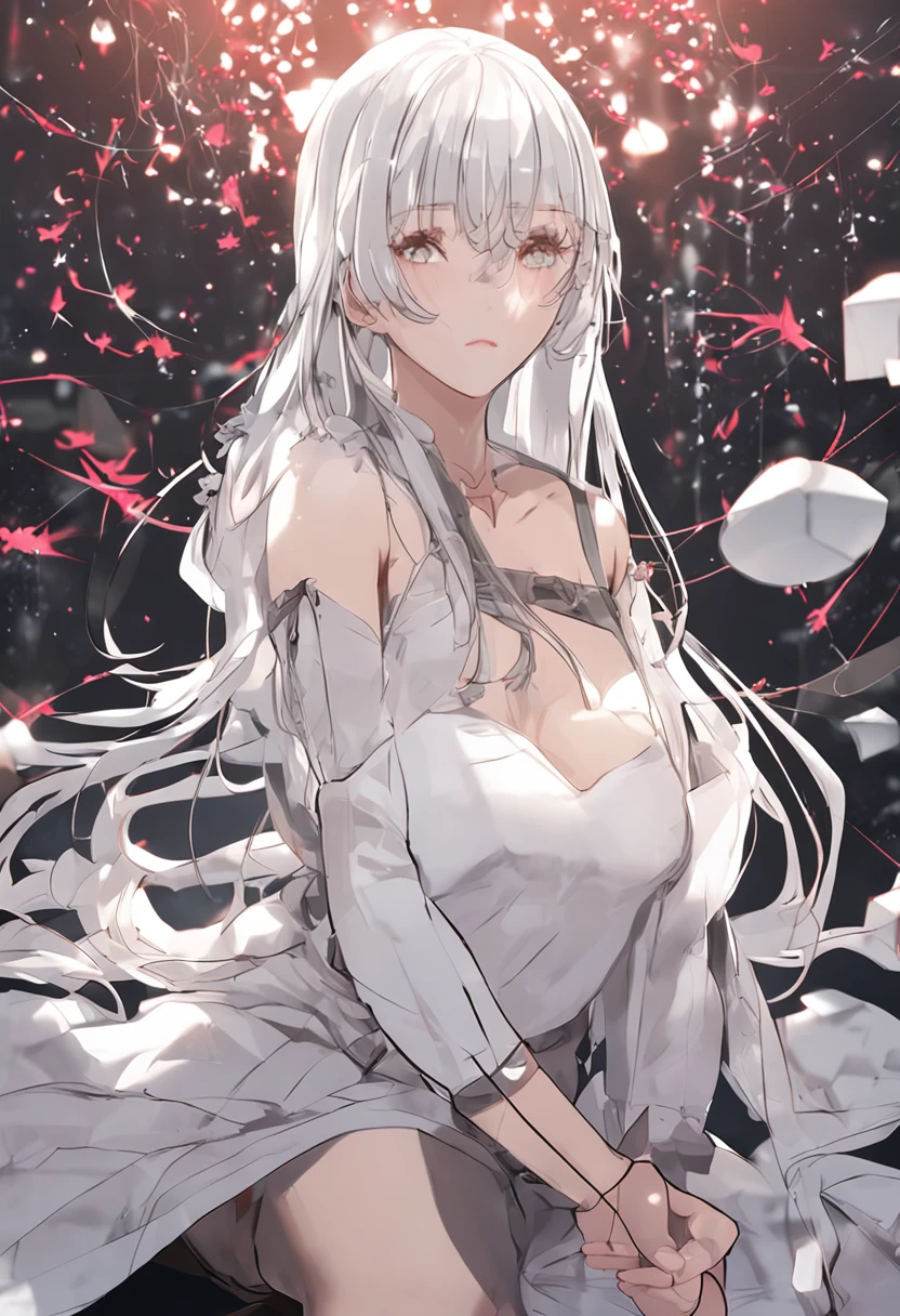 White hair, Anime Beautiful Girl，Long white fishnet socks，Superskirt，Sitting