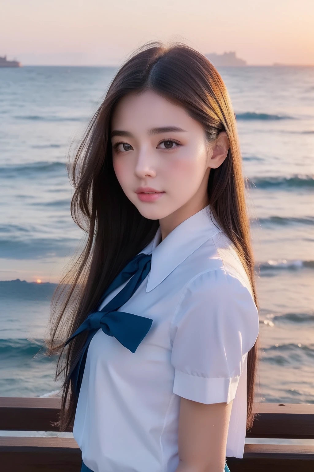 (top-quality、8K、32K、​masterpiece）Beautuful Women、Unusual look、in school uniform、sunset,sea side