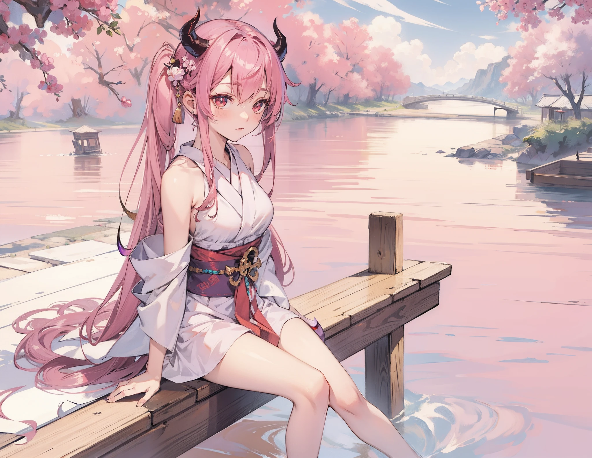 (masterpiece, best quality), 1 girl, hot spring, towel, sakura, onsen, blush, pink hair, horns, solo, off shoulder, wrist scrunchie, perfect anatomy
