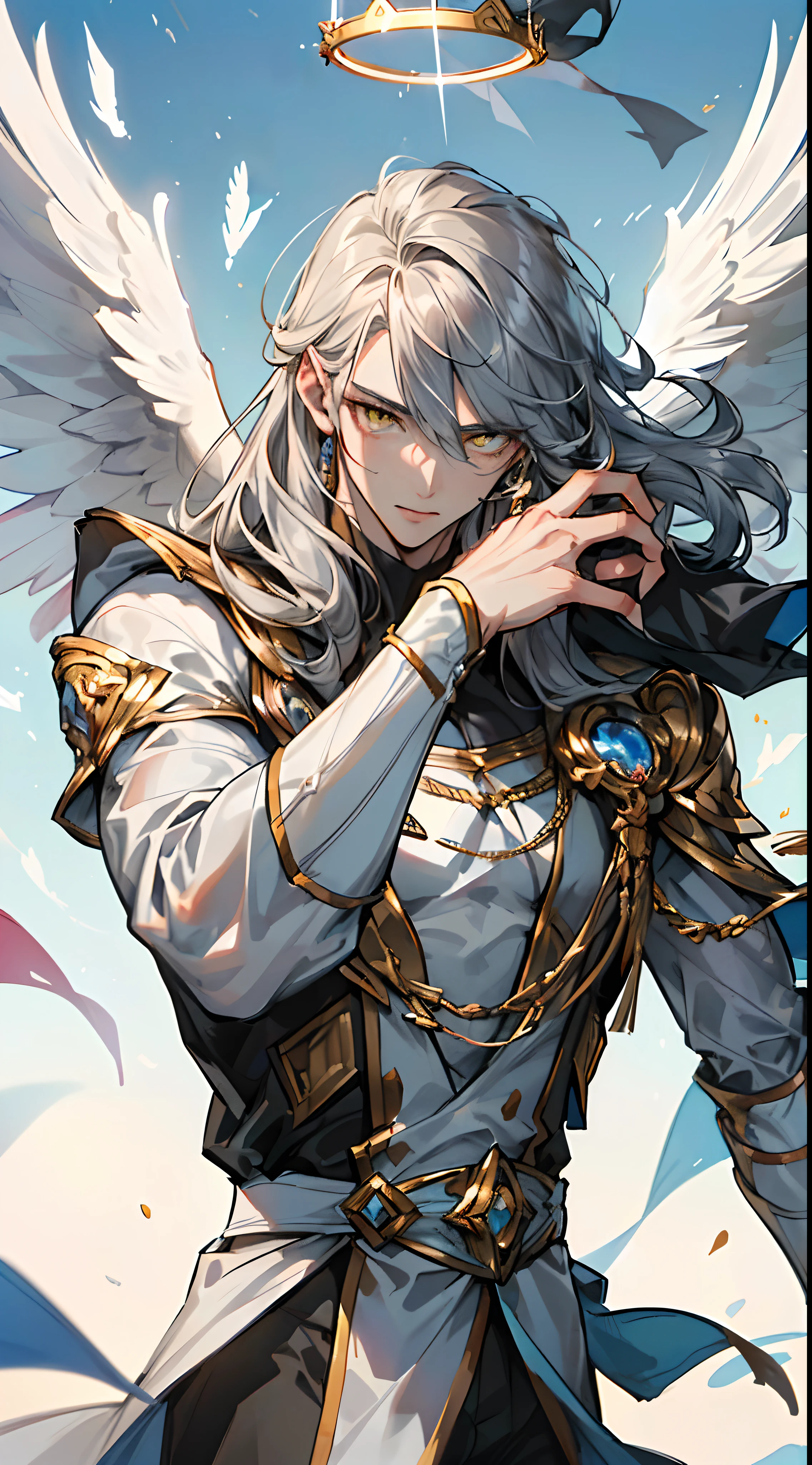 ((Masterpiece, Highest quality)), Male, boy, Detailed face, character design sheet,full bodyesbian, Full of details, frontal body view, back body view, Highly detailed, character sheet, character design, Many parts, dark skin, angel wings, white hair, angel outfit, Muscle boy with white long ponytail hair,handsome man, male angel , man tall, abs, pectoral muscle