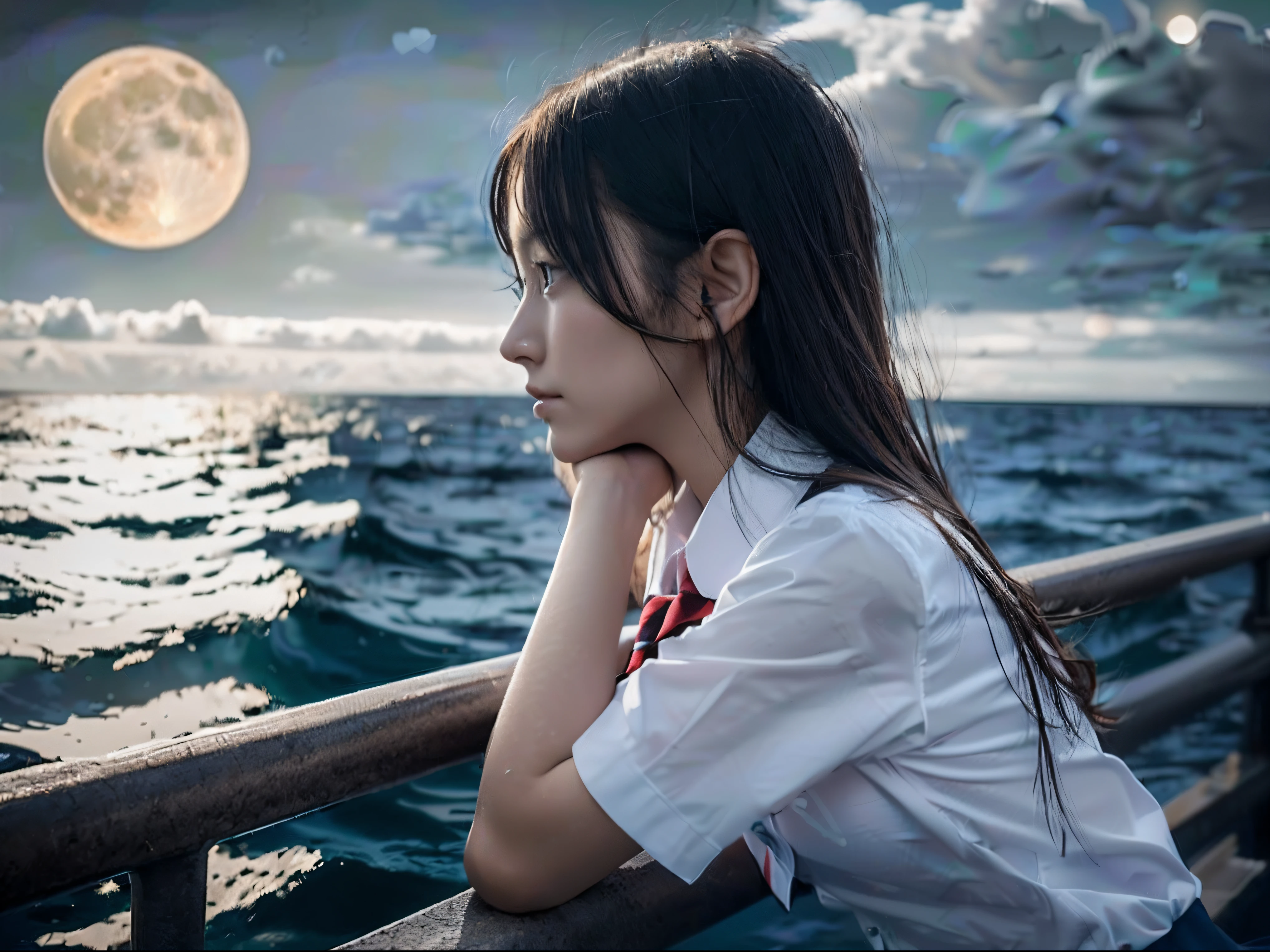 (Profile of one girl with slender small breasts in school uniform:1.5)、(Girl with hair swaying in the wind staring looking at me with a sad expression 1.3)、(Large full moon reflected in the sea at night :1.3)、(Perfect Anatomy:1.3)、(complete hands:1.3)、(complete fingers:1.3)、Photorealsitic、Raw photography、masutepiece、top-quality、hight resolution、delicate and pretty、face perfect、Beautiful detailed eyes、Fair skin、Real Human Skin、pores、((thin legs))、(Dark hair)