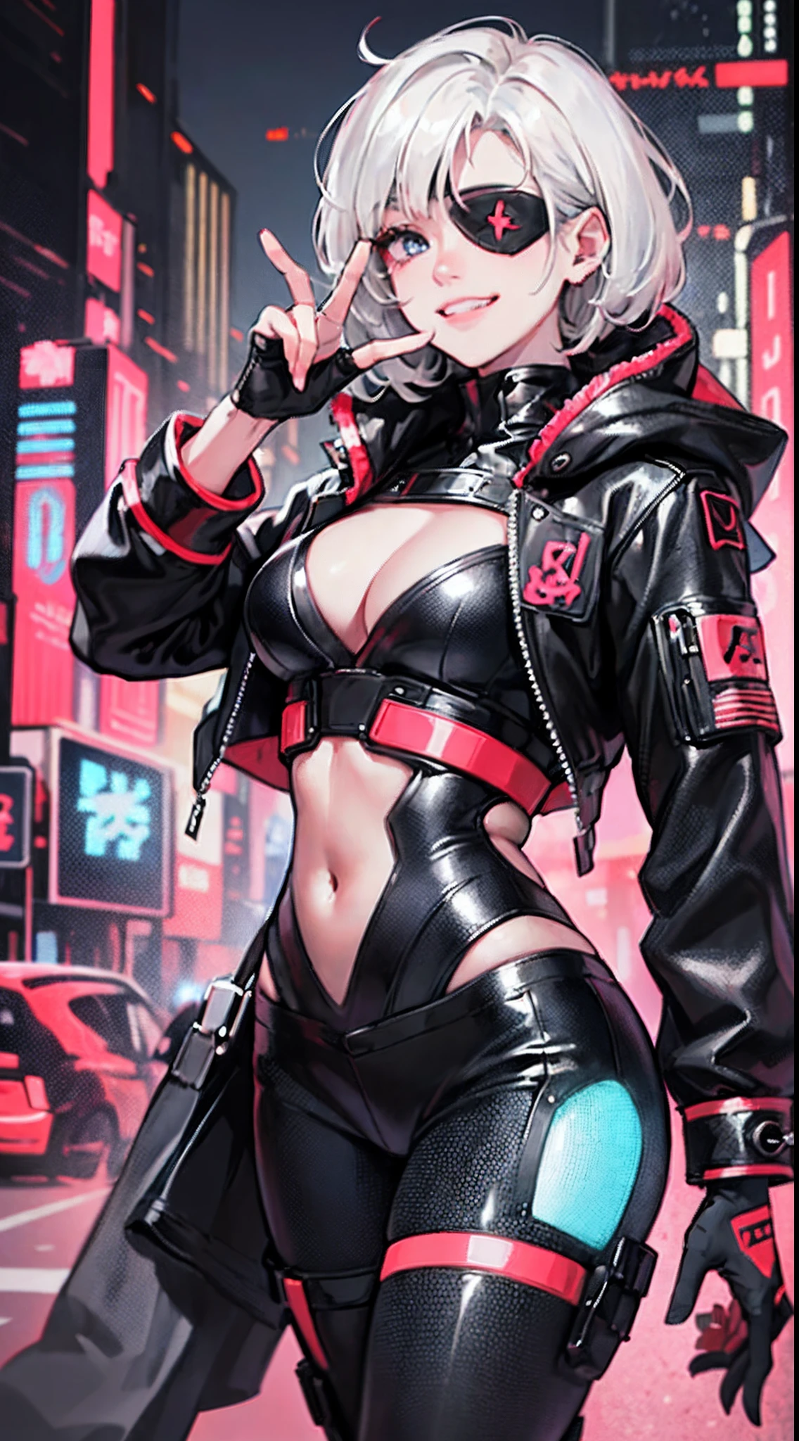 1 boy、(a handsome man:1.4)、(Man 6 feet tall)、(confident grin:1.2)、(Holding a longsword)、Short hair、(an eye patch)、(White hair)、grey eyes、Toned body、muscular male、(30-years old)、(Top image quality)、(8K picture quality)、(cyberpunked)、(masutepiece)、 (Flickering of light)、(Wear a cyberpunk hooded military uniform)、(confident grin:1.2)、(an eye patch)、(Full body photo)、cinematric light, Cinema Shadow, Sharp Image, Extremely detailed, Volumetric, Bright sprites, particles effect, beautiful effects, Vivid colors, neons, Neon light, Highly detailed image textures, detailed hairs, Detailed face, Detailed eyes, Full body photo, city、Dark hair、Eyes glow、Sparkling red aura、Photo from the knee up、beautiful effects, Vivid colors, Highly detailed image textures, detailed hairs, Detailed eyes,(Cyberpunk cityscape)、
