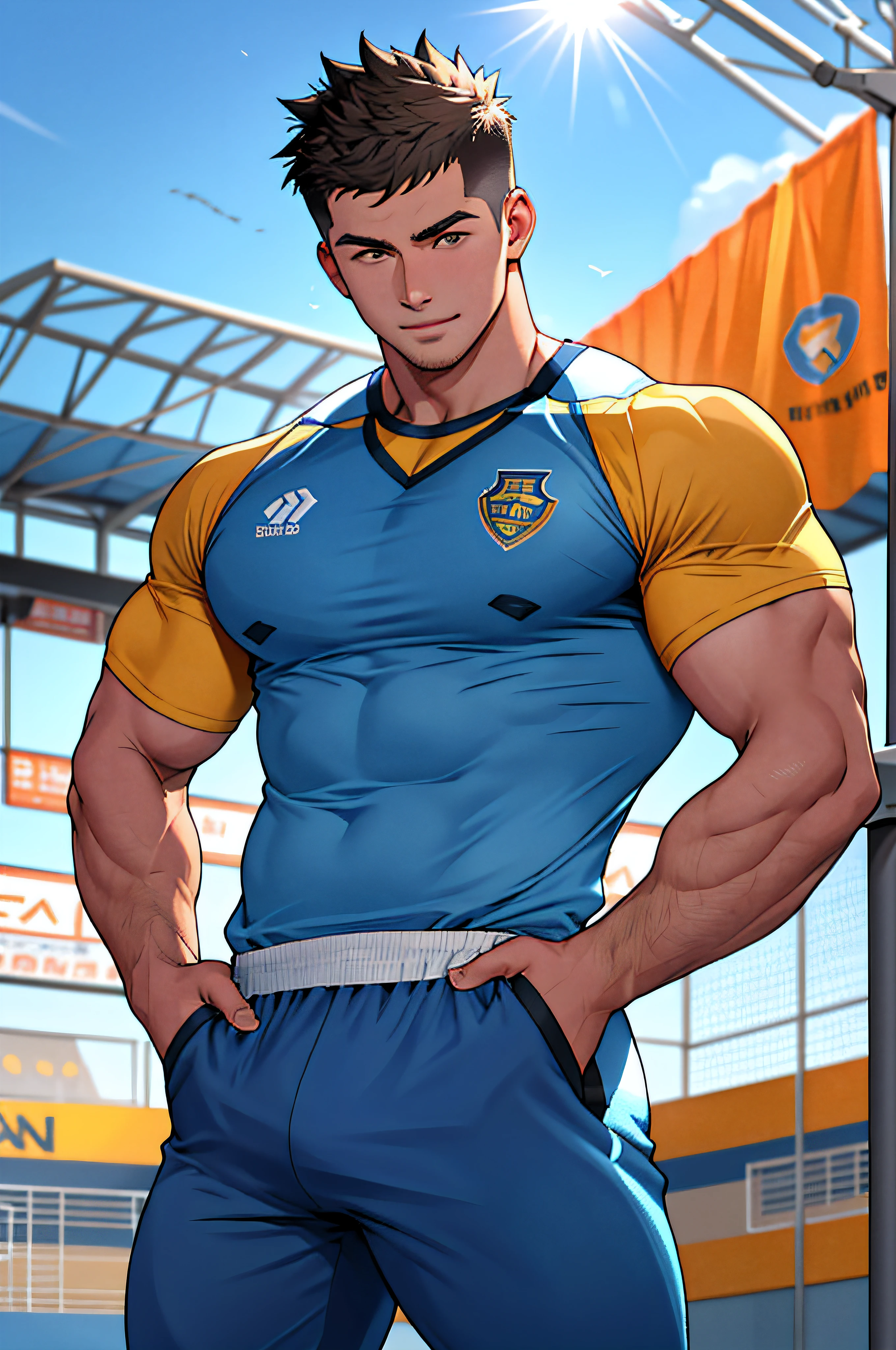 Draw a full-fledged athlete,Stand on the central field of the gym,He wears high-end sportswear,The man looks confident and determined,rays of sunshine,cheerful big breasts,Handsome,Crew cut,full bodyesbian,shooting from below,