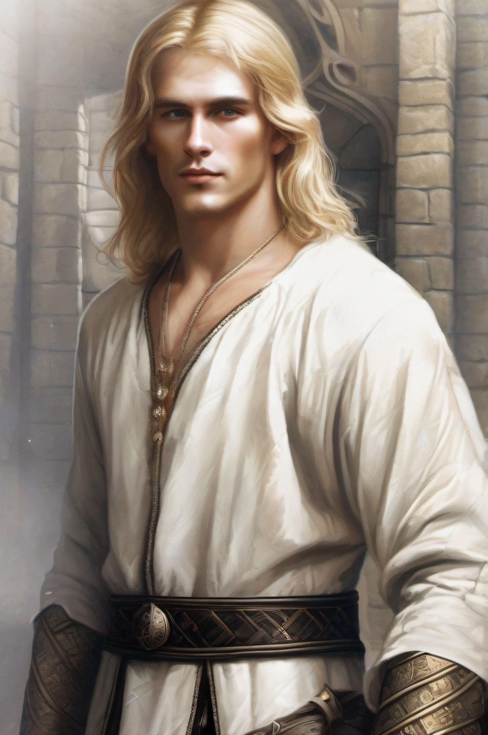 um homem loiro , shoulder-length blonde hair, olhos azuis cintilantes, wearing a medieval black gibbon, black trousers, em um fundo branco, durante a antiga idade medieval, corpo inteiro, de frente, realistic illustration