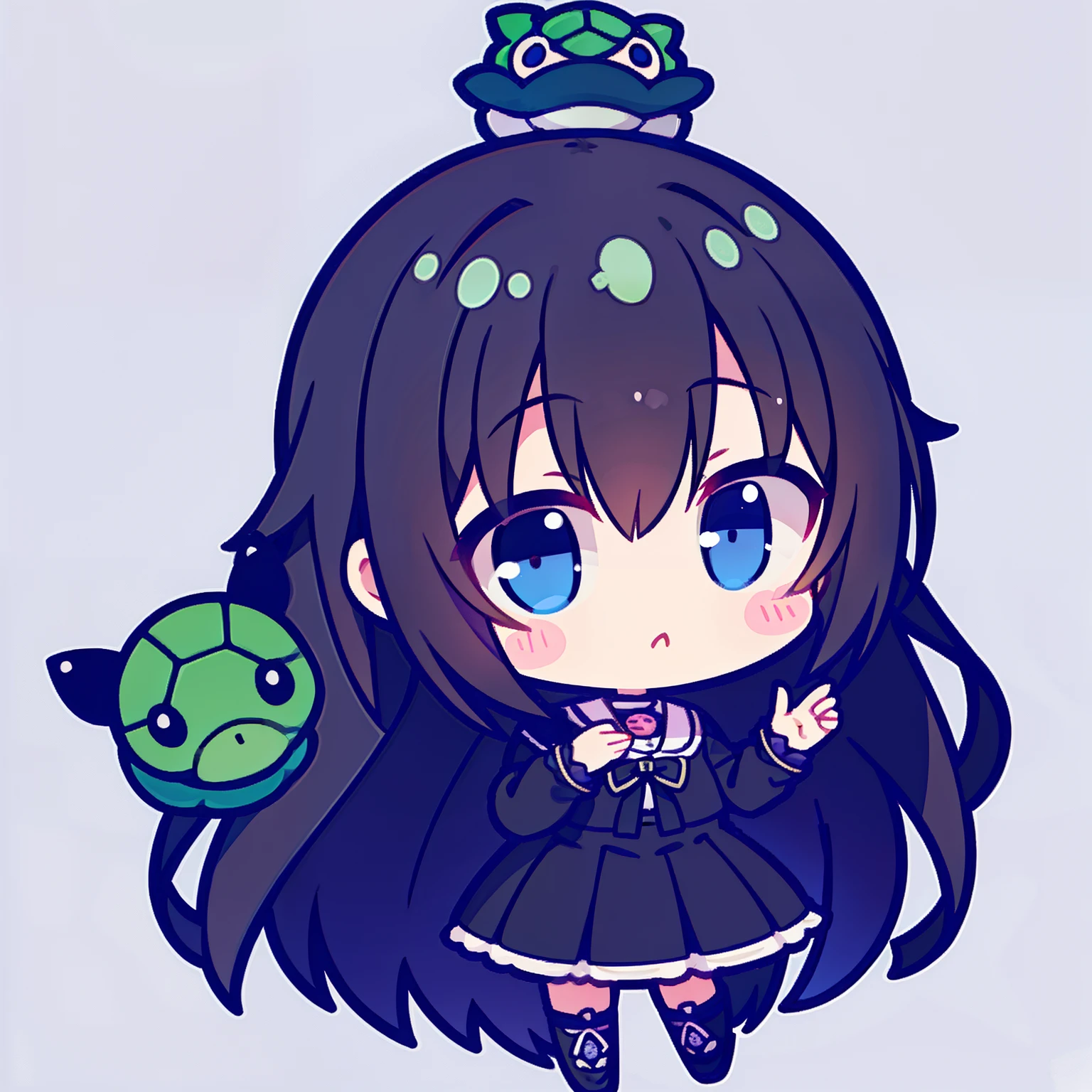 One girl、tchibi、Cute Turtle、Mini、pictogram、Black long-haired anime girl、Long、eBlue eyes、校服、tmasterpiece、Top image quality、top-quality、fundo vermelho