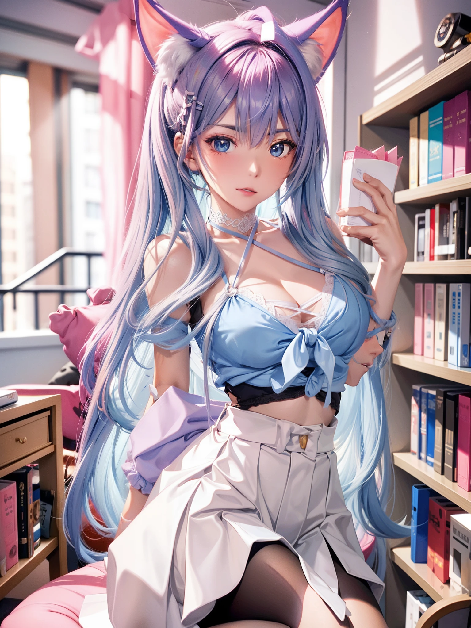 8K,(tmasterpiece:1.0),(Best_quality:1.0),((Light_purple_Long_Hair)),((Powder blue hair)),((White office shirt)),((Pink JK skirt)),((white stockings)),1girll,独奏,Light_Blue_Eyes,耳Nipple Ring,Front tie_Top,choker necklace,The upper part of the body,Blushing face,Endless faces,(half-close eyes:0.7),(Large_Breasts:1.2),Has cat ears,Voluptious body,Holding a book in his hand,Sit on the bookshelf,The shelves were full of books,rays of sunshine,looking at viewert,
