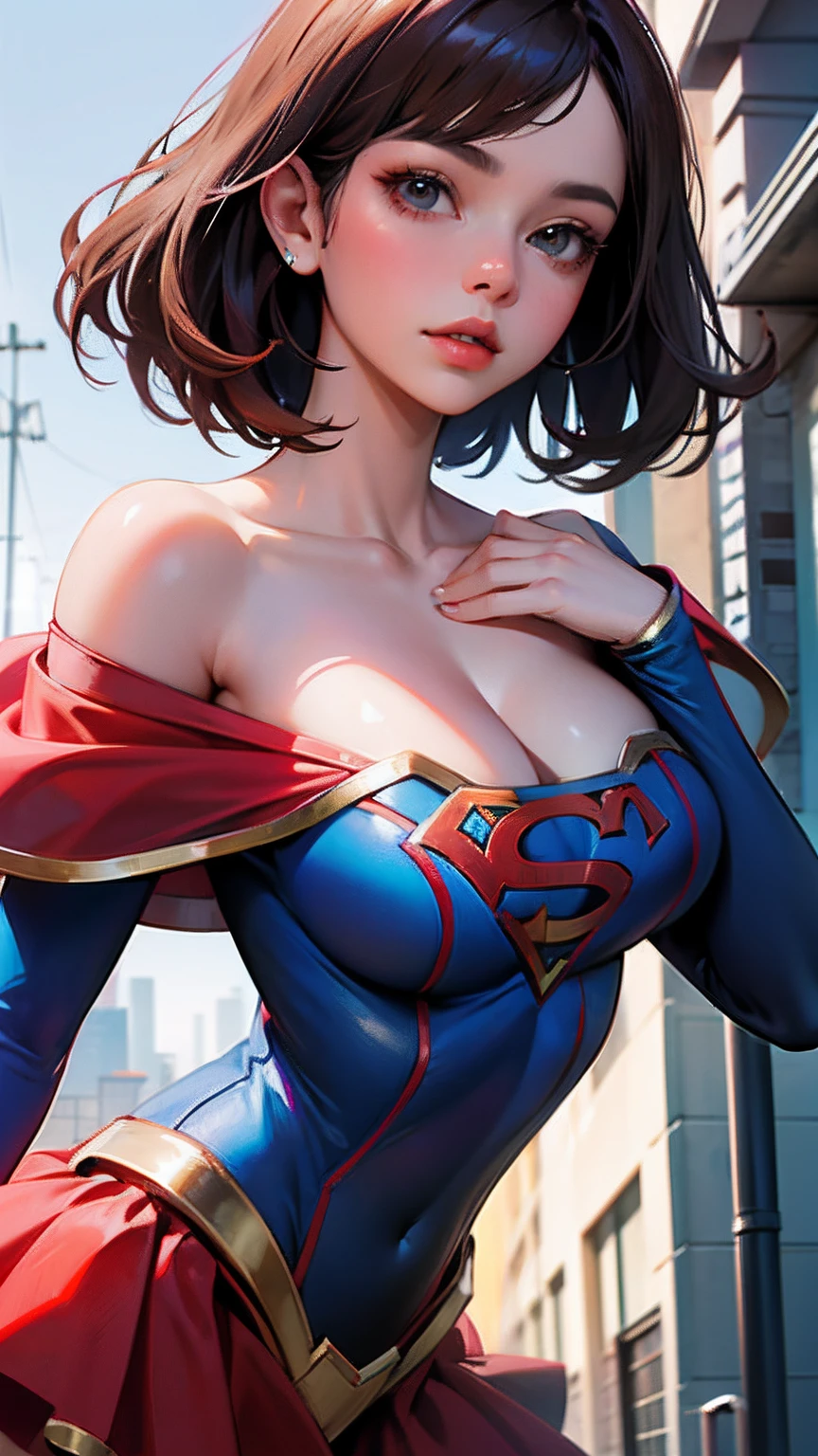 1gril,Woman body set big breasts,Supergirl costume dress,Cut clothes,Close-up,Off-the-shoulder attire,Charming,perfect bodies,the street,nabel,brunette color hair