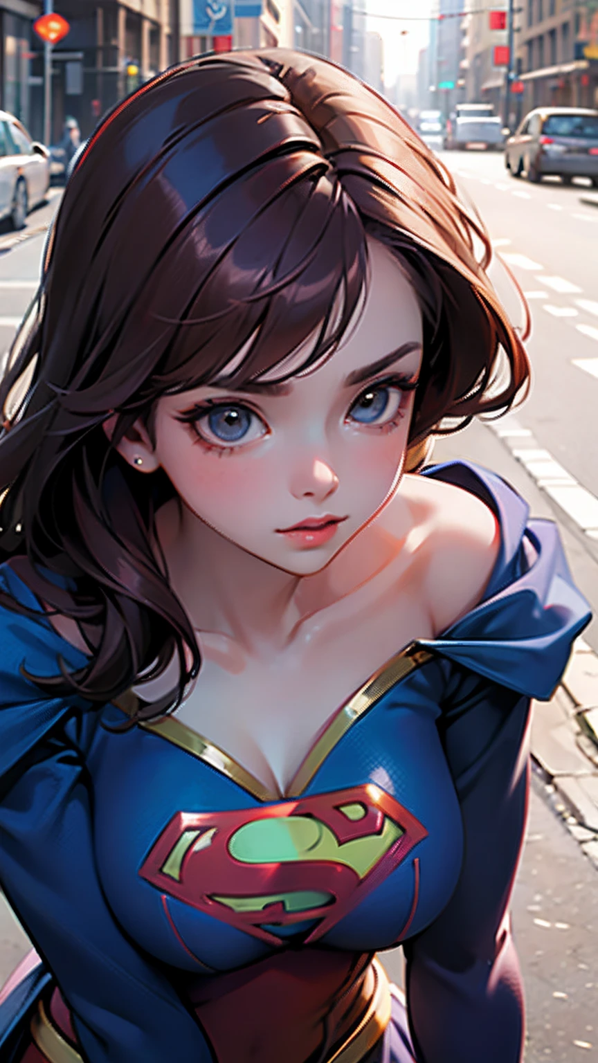 1gril,Woman body set big breasts,Supergirl costume dress,Cut clothes,Close-up,Off-the-shoulder attire,Charming,perfect bodies,the street,nabel,brunette color hair