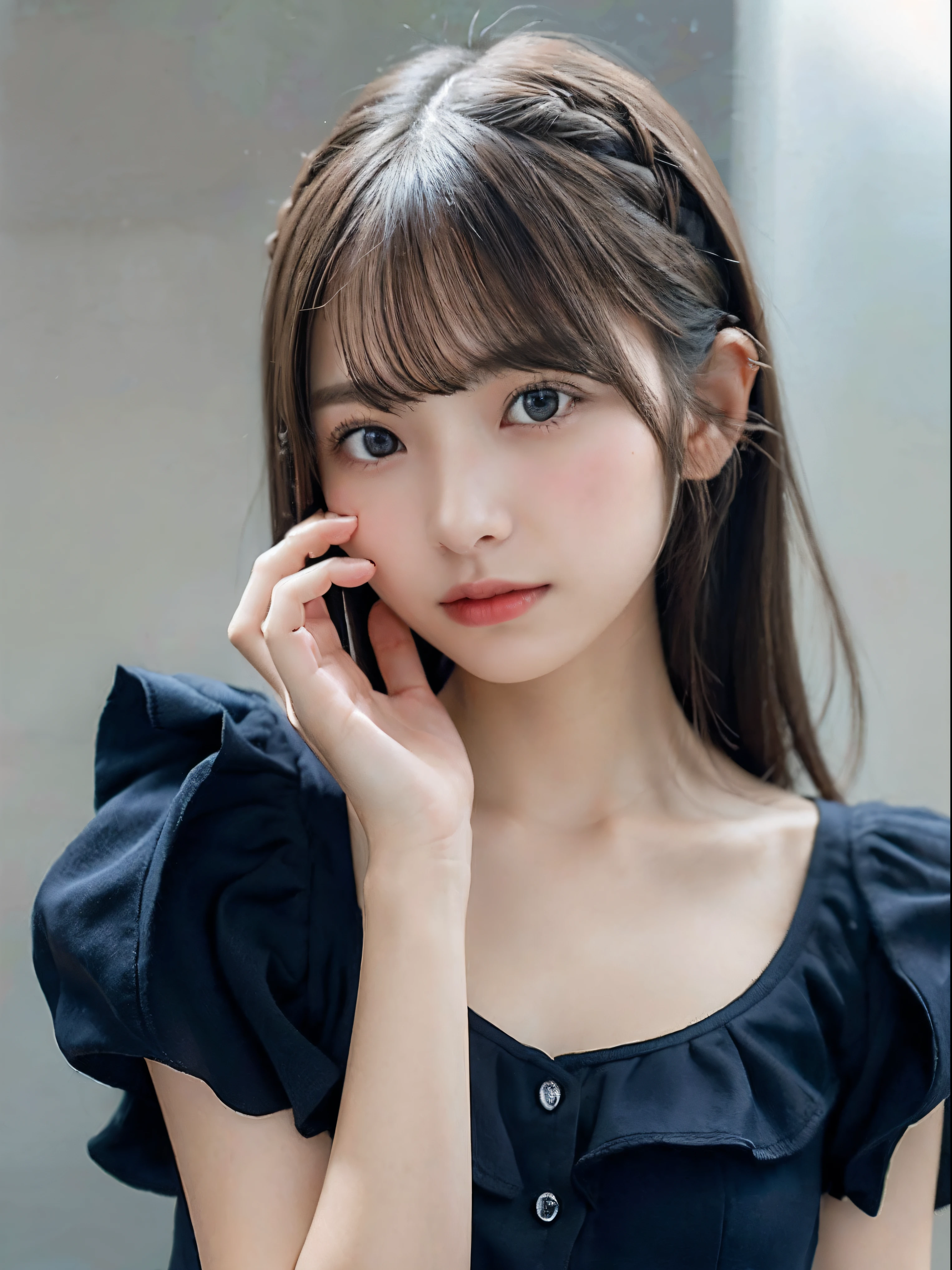 (Close up portrait of girl with thin little breasts in cute dress with ruffles:1.3)、(without background:1.3)、(tre anatomically correct:1.3)、(complete hands:1.3)、(complete fingers:1.3)、Photorealsitic、Raw photography、masutepiece、top-quality、Hi-Res、delicate and pretty、face perfect、Beautiful detailed eyes、Fair skin、Real Human Skin、pores、((thin legs))、(Dark hair)