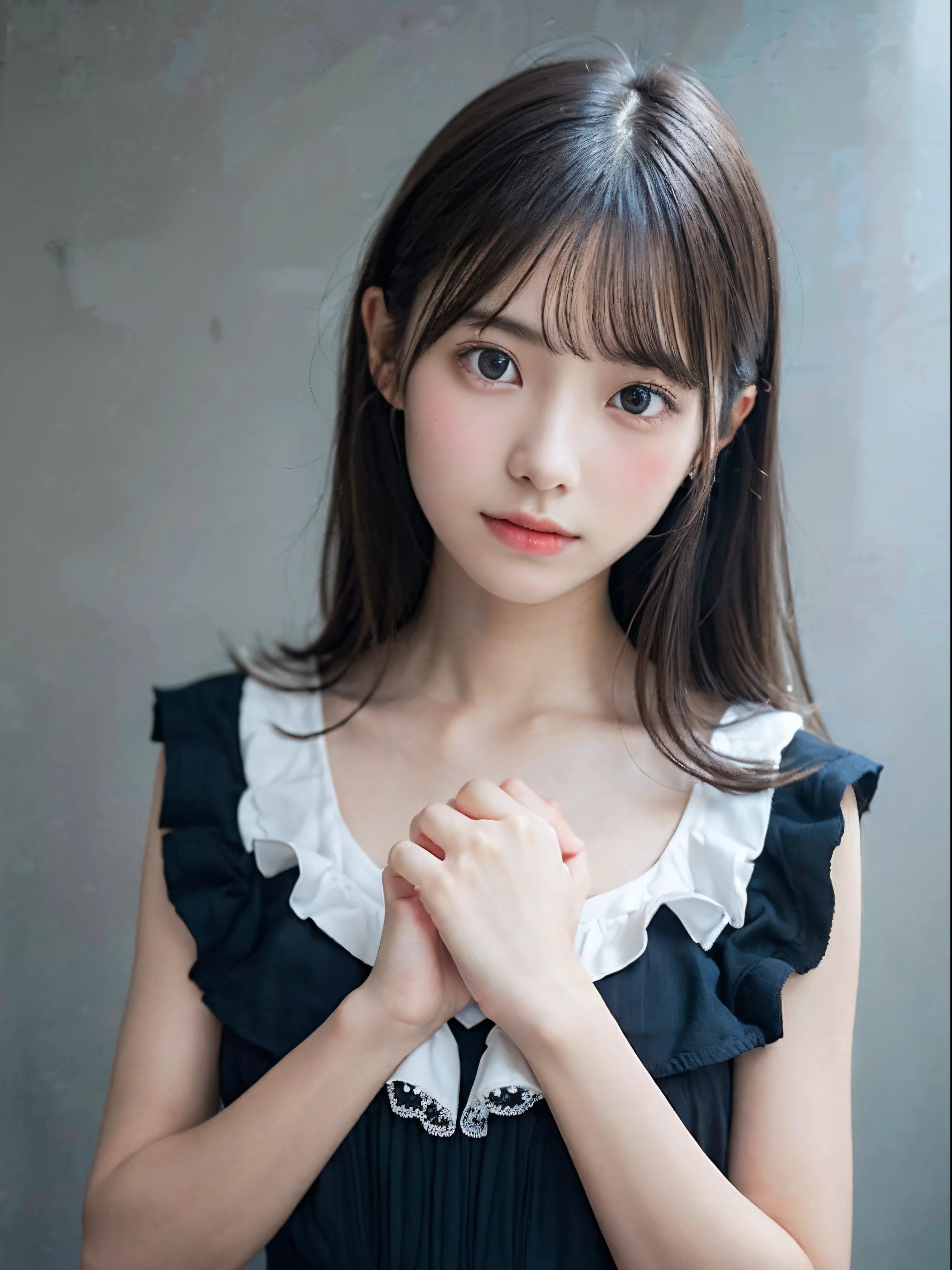 (Close up portrait of girl with thin little breasts in cute dress with ruffles:1.3)、(without background:1.3)、(tre anatomically correct:1.3)、(complete hands:1.3)、(complete fingers:1.3)、Photorealsitic、Raw photography、masutepiece、top-quality、Hi-Res、delicate and pretty、face perfect、Beautiful detailed eyes、Fair skin、Real Human Skin、pores、((thin legs))、(Dark hair)