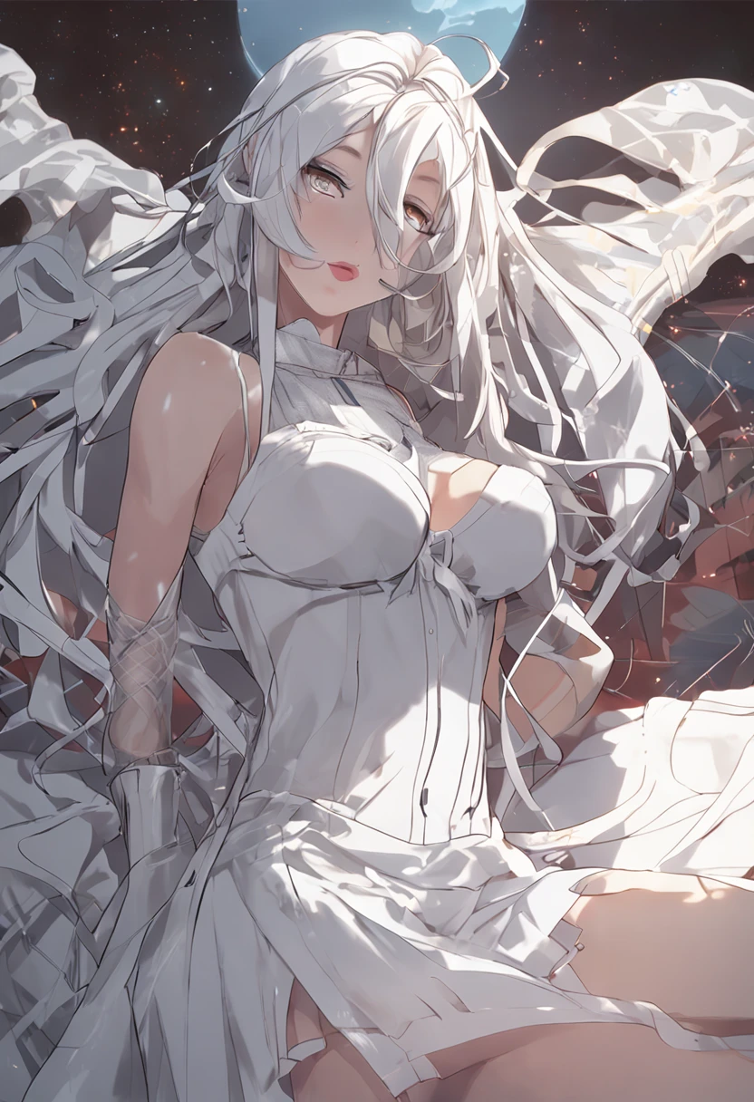 White hair, Anime Beautiful Girl，Long white fishnet socks，Superskirt，The crotch opens，Go to bed