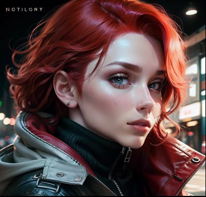 Realistic,red hair,black jacket,70 mm