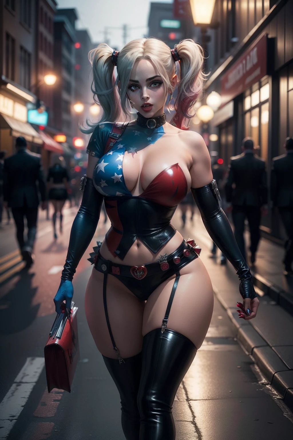 harley quinn sexy, large breasts, walking down street, at night, lit up body