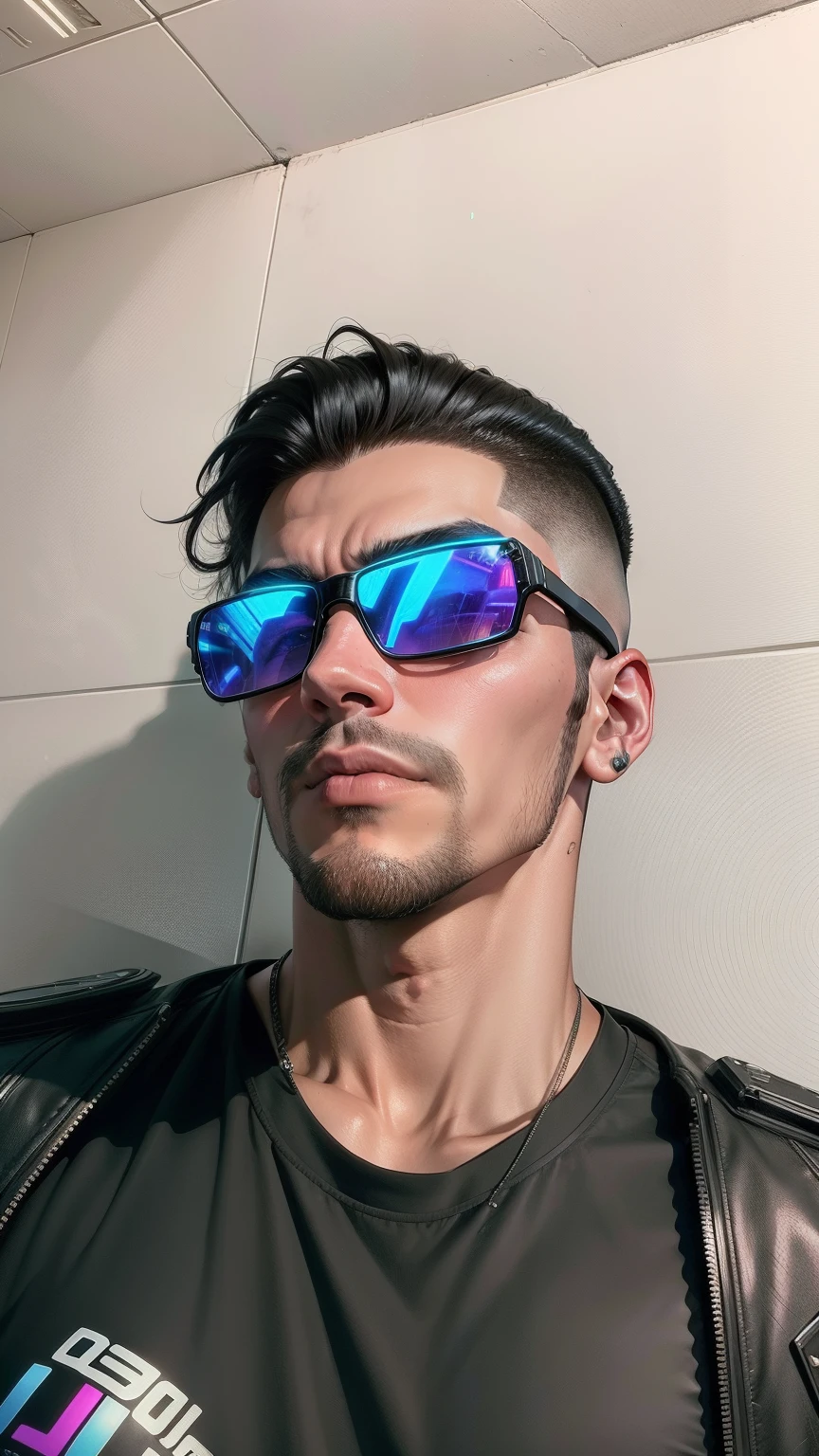 Homem jovem futurista, cyberpunk, 25 anos, jaqueta de couro, neon em volta, rosto mais largo