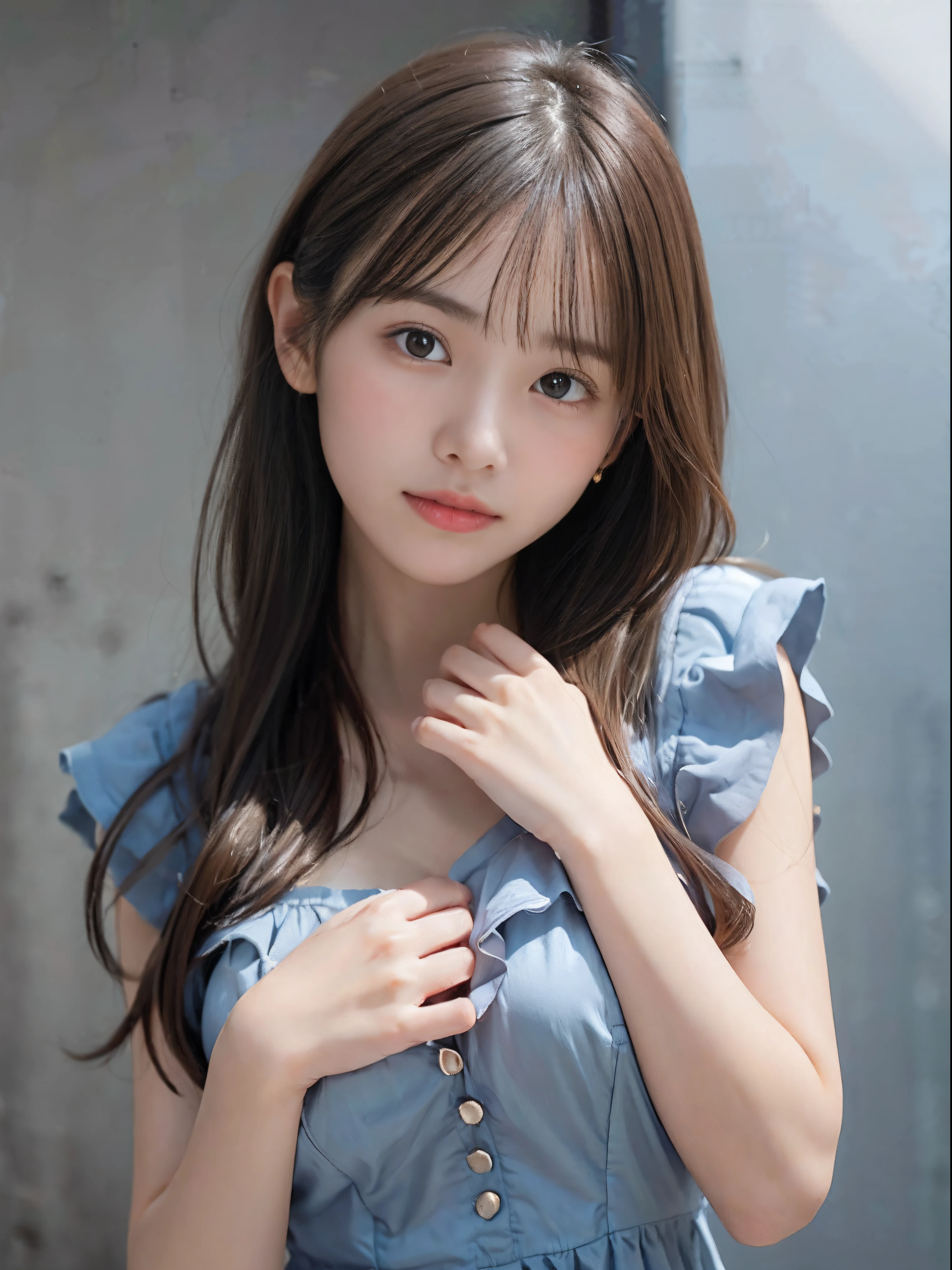 (Close up portrait of girl with thin little breasts in cute dress with ruffles:1.3)、(without background:1.3)、(tre anatomically correct:1.3)、(complete hands:1.3)、(complete fingers:1.3)、Photorealsitic、Raw photography、masutepiece、top-quality、Hi-Res、delicate and pretty、face perfect、Beautiful detailed eyes、Fair skin、Real Human Skin、pores、((thin legs))、(Dark hair)