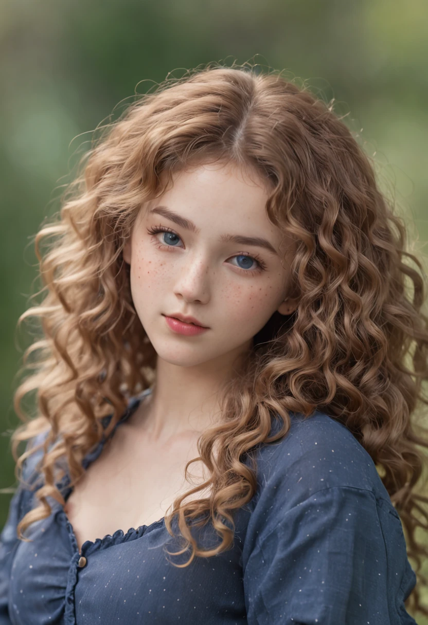 (One lady)、kawaii、A sexy、"Full body portrait of attractive 17 year old girl with hay-colored curly hair, Hairstyles in the late 80s, Small freckles, Beautiful face, Seductive dark blue eyes, Large bust size, Show its natural beauty."