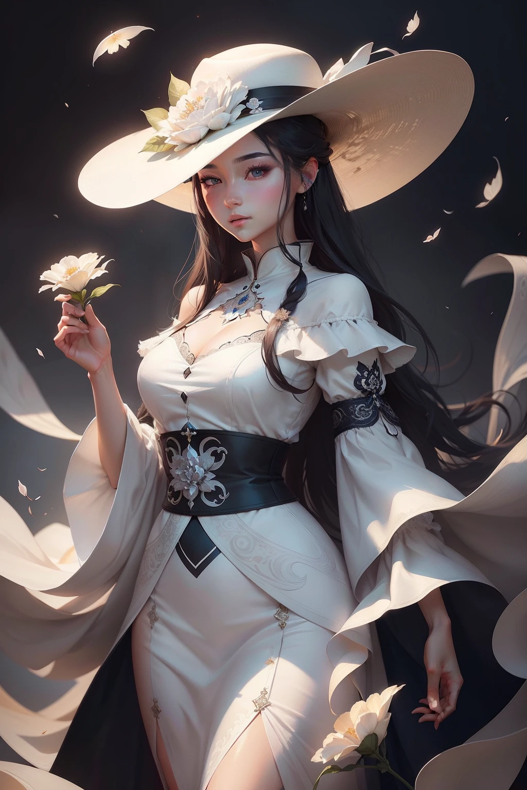 There is one wearing a white hat，Woman holding a flower in her hand, Guviz-style artwork, elegant digital painting, Beautiful character painting, Beautiful digital illustration, A beautiful artwork illustration, author：Fan Qi, Exquisite digital illustration, By Li Song, in the art style of bowater, digital art of an elegant, stunning digital illustration, Guviz