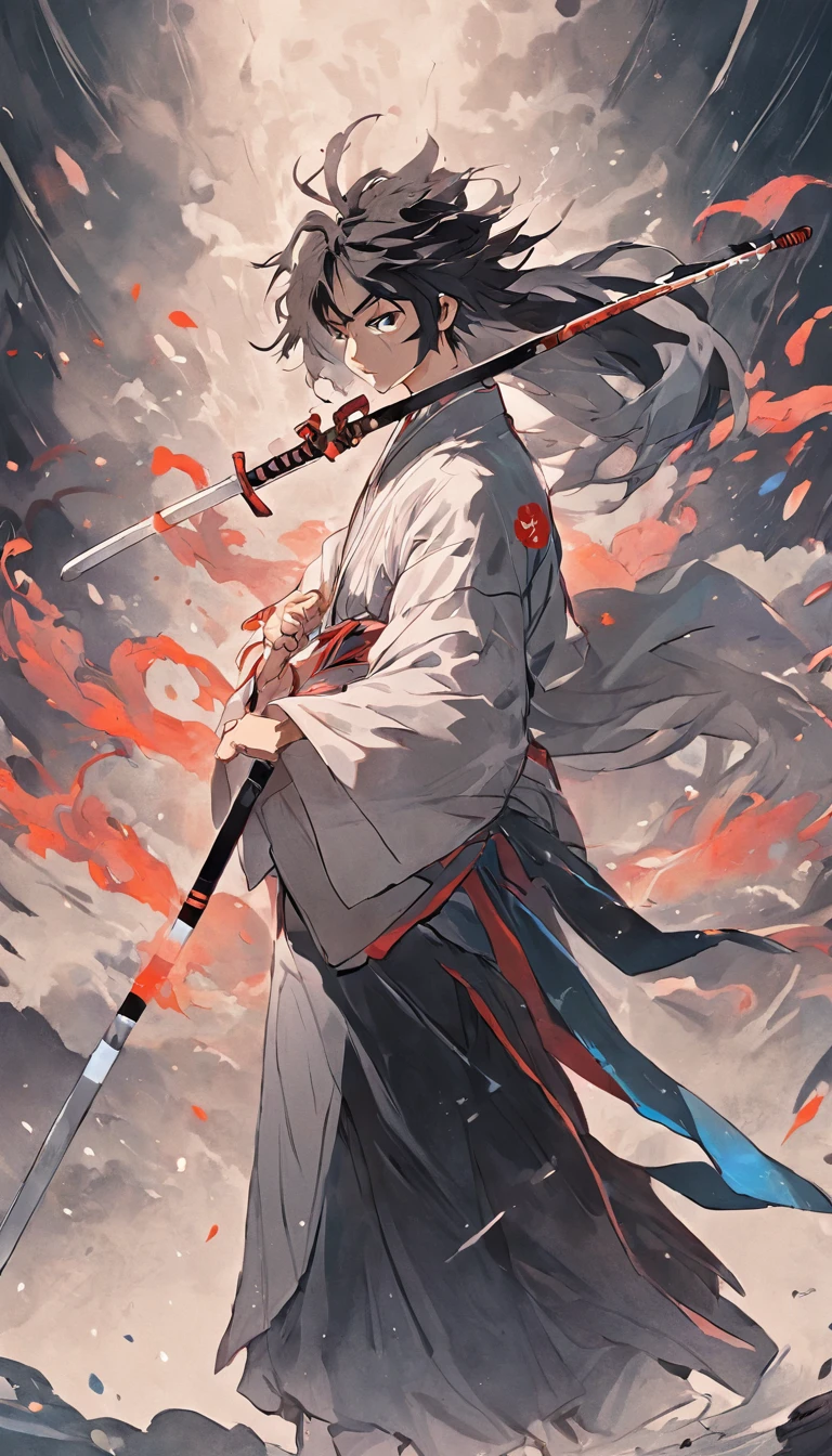 Chinese ink style,ink,Smudge,Young Taoist,One hand holds a sword behind him,Sword Tip asked。,Cultivate into an immortal,Fairy Wind Bone Road,Tai Chi totem background,long and flowing hair,Wide robe,8K,super-fine
