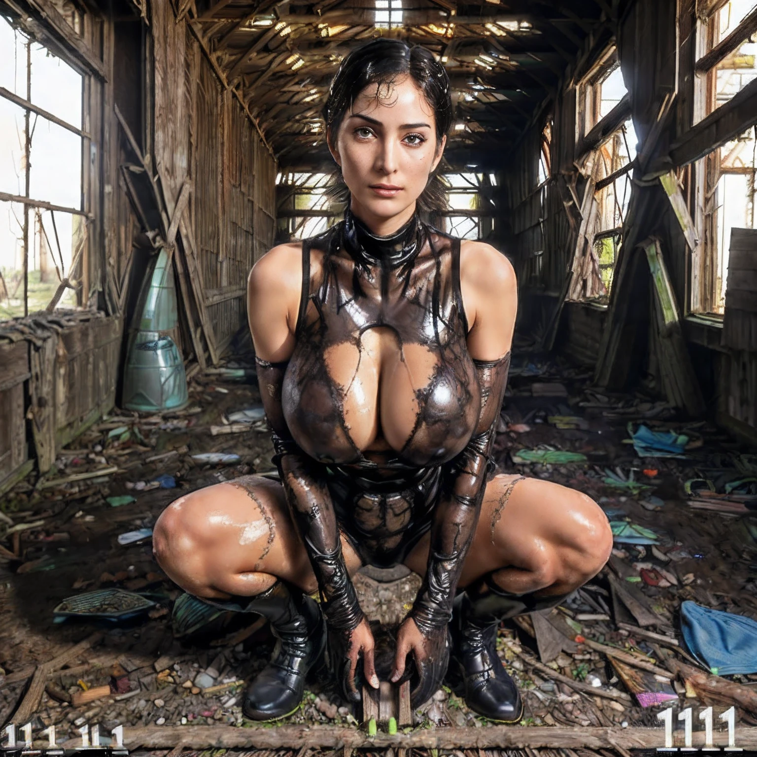 ((masterpiece, Best Quality, High resolution, 32K HDR)), (Perfect Portrait of the Trinity00:1.1, short hair, transparent black bodysuit:1.2, see through bodysuit:1.2, sheer body suit:1.2, visible realistic nipples under bodysuit:1.35, long boots:1.15, perfect anatomy:1.2), Ultra detailed eyes, hyper derailed face, Perfect slim body style, Detailed mouth, Detailed skin texture, Shot with Aricum LT camera, (In an abandoned barn:1.1, ultra Huge breasts:1.8), (squat down and open legs:1.35, Zoom Out View, dark atmosphere:1.35),