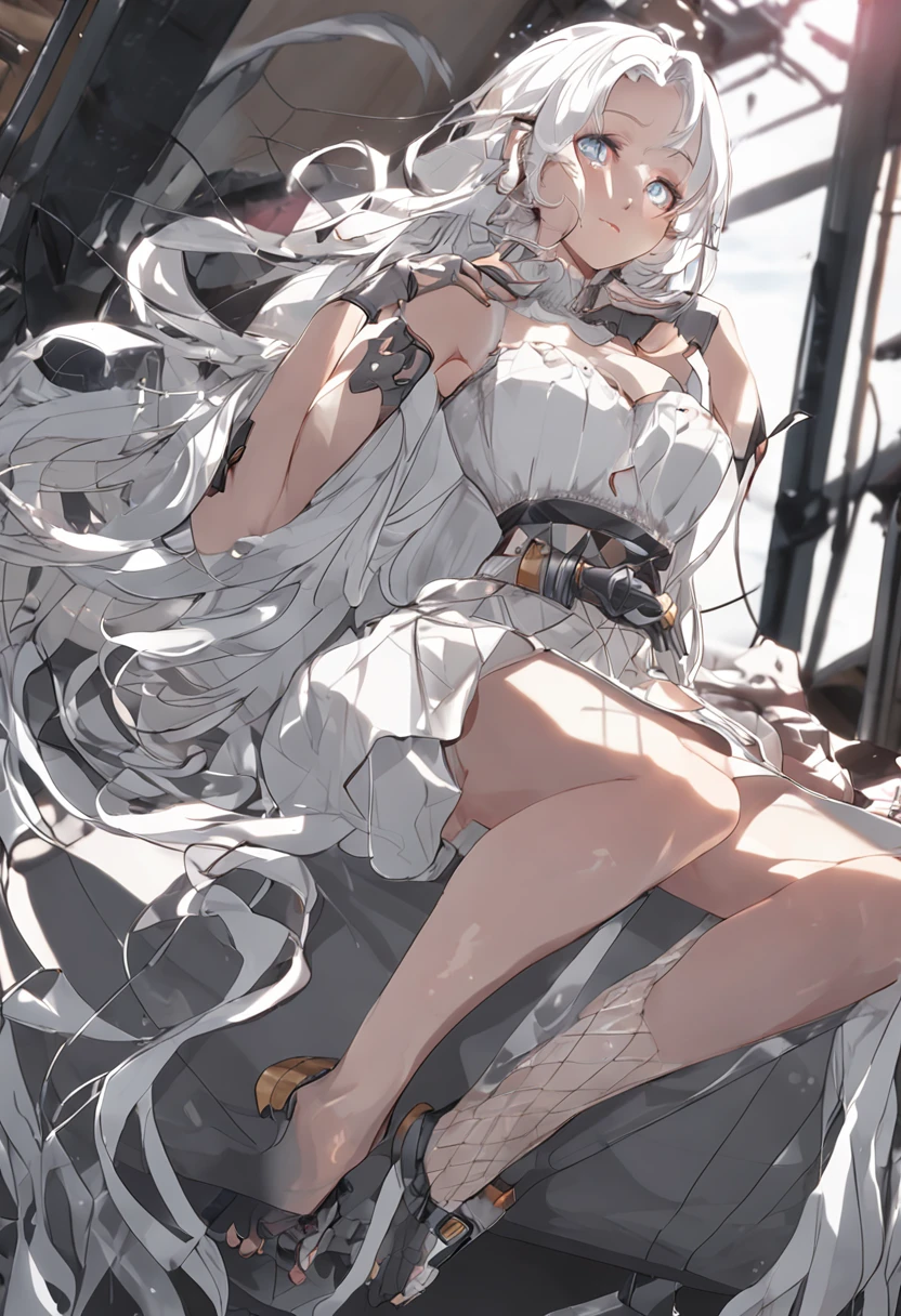 White hair, Anime Beautiful Girl,Long white fishnet socks,Superskirt,Spread your legs,Go to bed