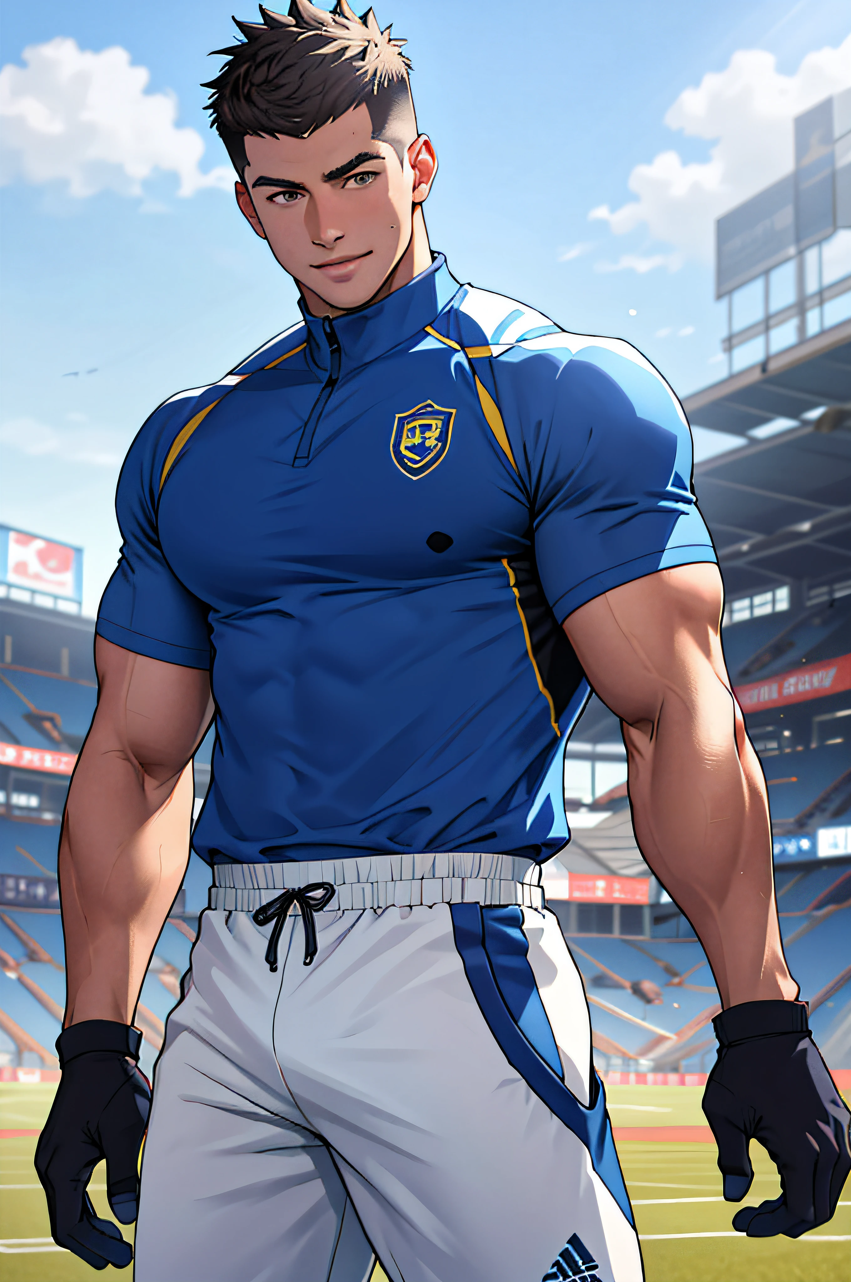 1 man, smile, (wearing navy clothes, round neck, short sleeve football shirt.), Navy cargo pants, Korean guy , korean men, (High gloss details), chest muscles, Big arm muscles, blood vessel, big muscles, Broad shoulders, looking at the audience, Balancing the eyes, (Make eye contact), sports stadium, football