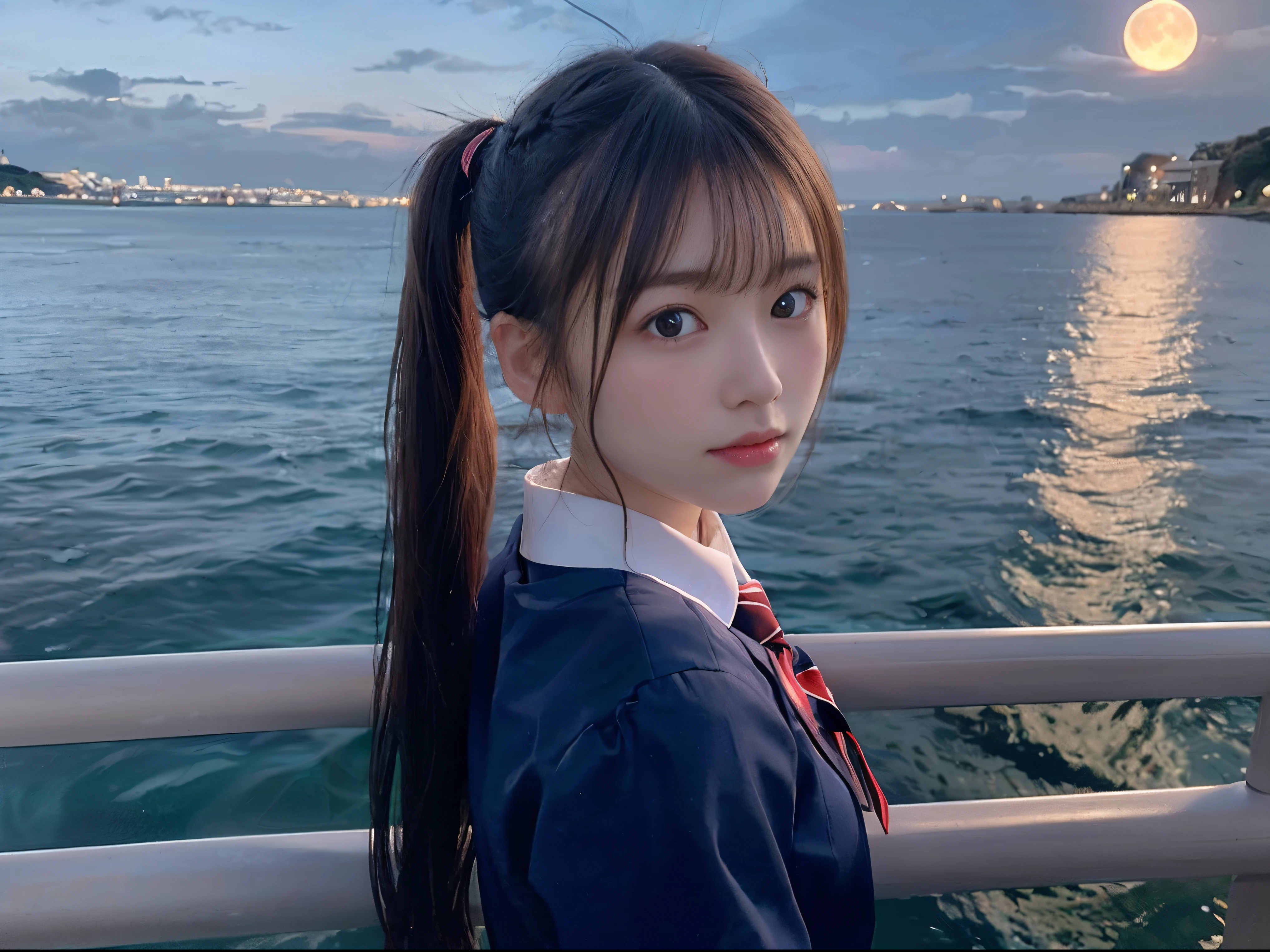 (Close up portrait of one girl with slender small breasts with twin-tailed hair in school uniform:1.5)、(Girl looking at camera from behind at the edge of screen:1.3)、(Large full moon reflected in the sea at night :1.3)、(Perfect Anatomy:1.3)、(complete hands:1.3)、(complete fingers:1.3)、Photorealsitic、Raw photography、masutepiece、top-quality、hight resolution、delicate and pretty、face perfect、Beautiful detailed eyes、Fair skin、Real Human Skin、pores、((thin legs))、(Dark hair)