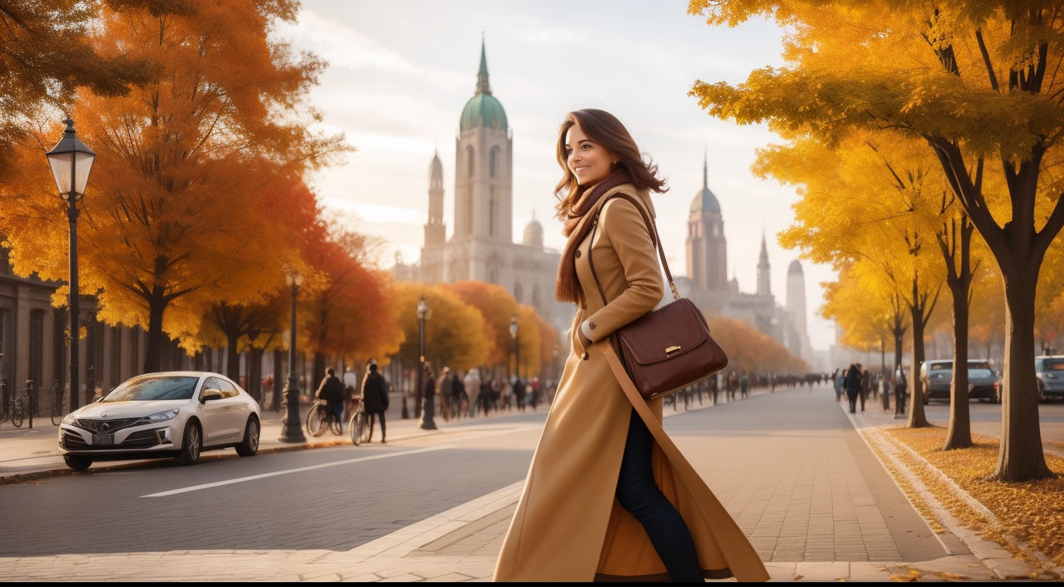Woman in a beautiful outfit against the backdrop of an autumn city