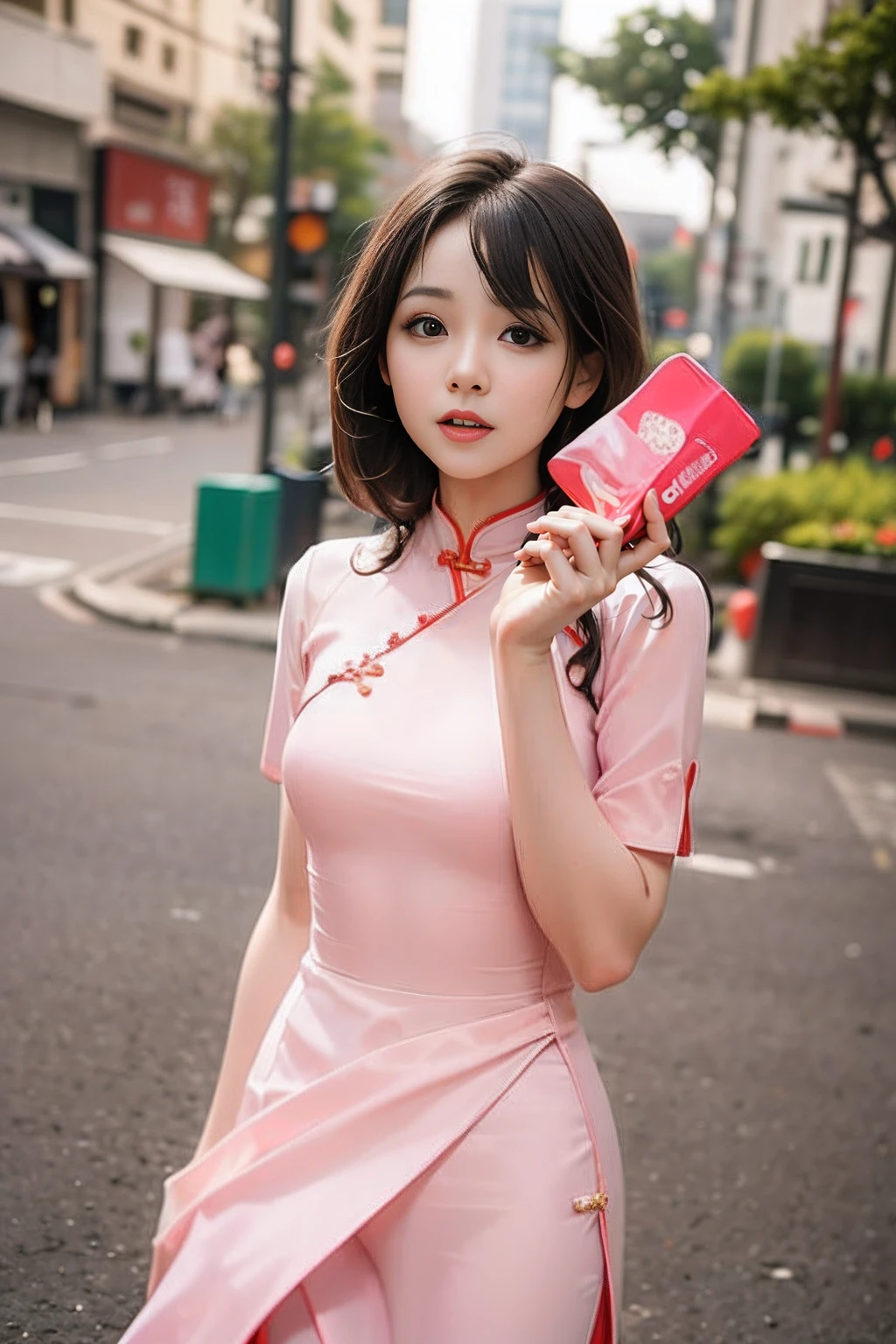 woman in pink dress holding up a pink candy bar, photoshoot for skincare brand, wearing a red cheongsam, a young asian woman, cover photo portrait of du juan, xintong chen, ao dai, chinese girl, a cute young woman, mai anh tran, chinese woman, an asian woman, japanese model, korean woman, young asian woman