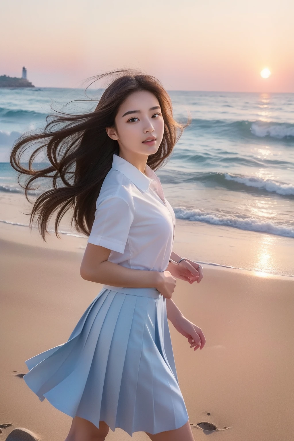 (top-quality、8K、32K、​masterpiece）Beautuful Women、Unusual look、in school uniform、Sunset,sea side、Hair fluttering in the wind、Walking on the sandy beach
