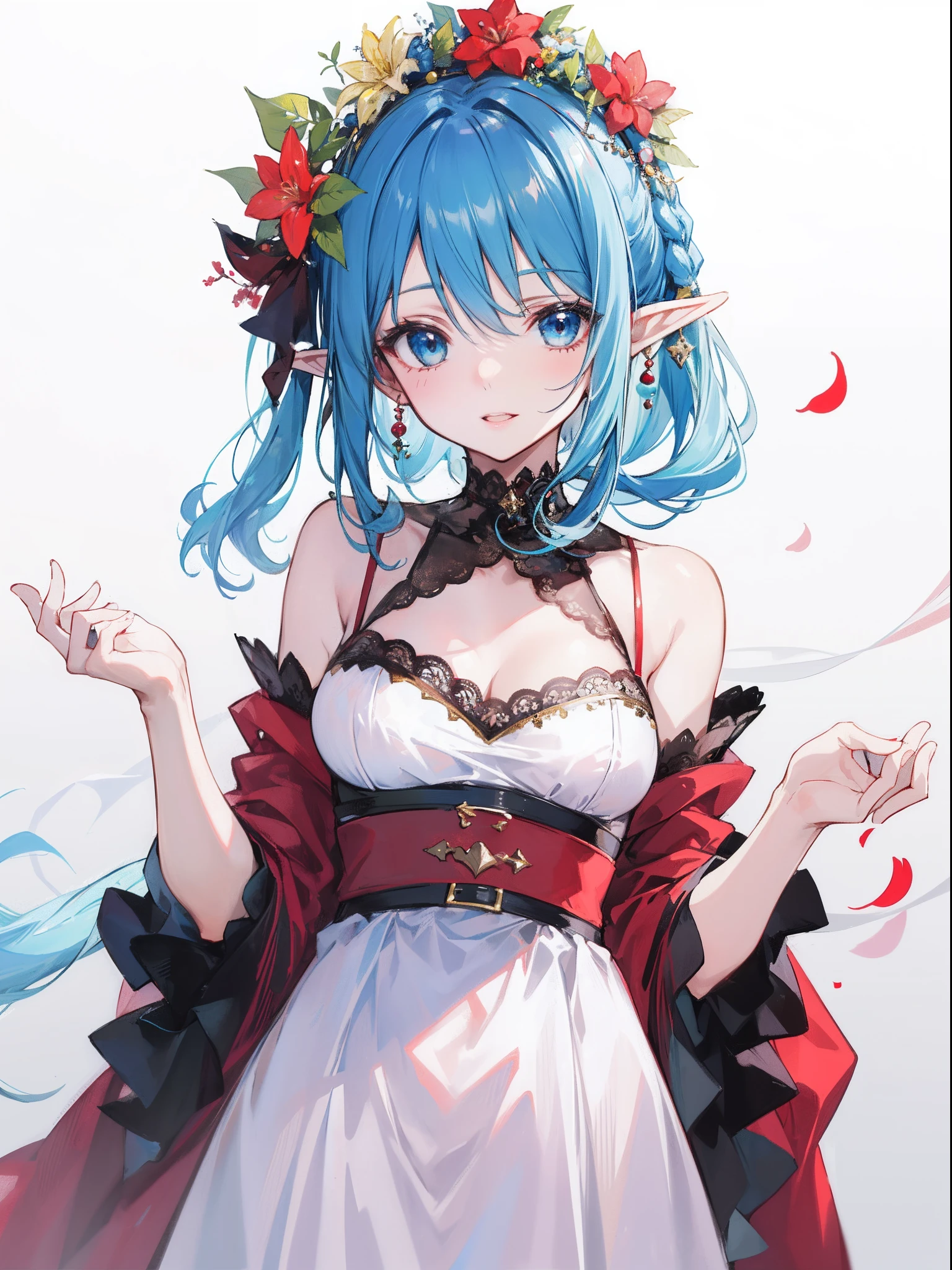 A charming elf girl, giving off a playful aura, her hair is blue like the ocean, her eyes are glowing red, she wears a flower decoration on her head.
