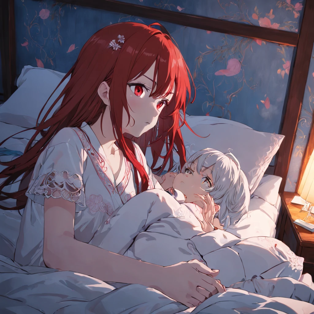 Bedrooms,redheadwear,red - eyed,teens girl,White lace pajamas,Lying on a white bed,