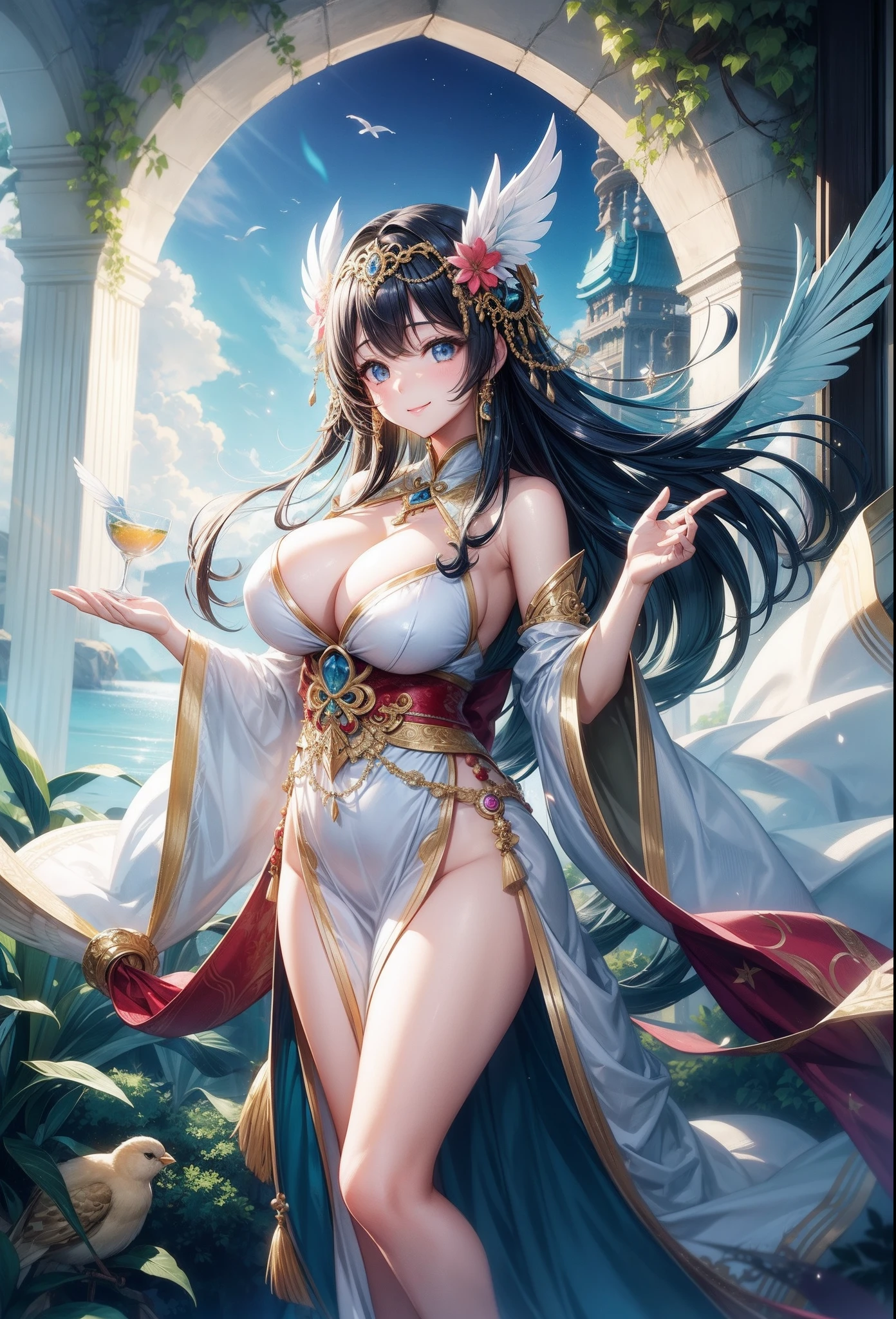 a beauty girl、huge tit、goddes、plumage、celestial realm、Gentle smile、is standing、full body seen