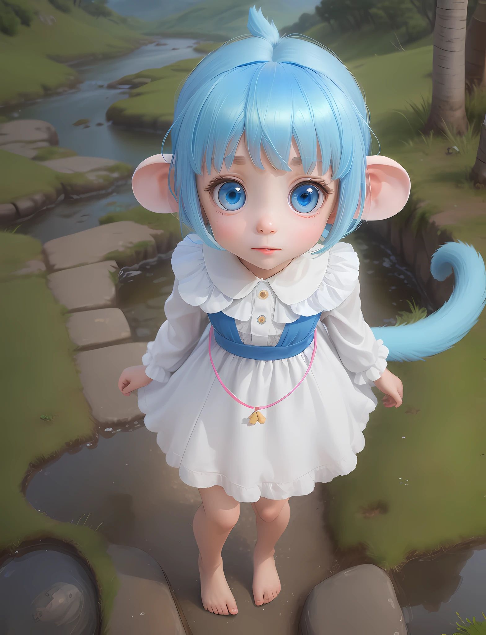 (medium shot:1.5), (masterpiece), A petite girl with a cheerful white dress, shoeless, a short of blue hair, and two big eyes, a pair of comical monkey ears. Her thin tail twitches as she surveys her surroundings, walking in the hills, very detailed, high definition, 4k, ultra realistic.