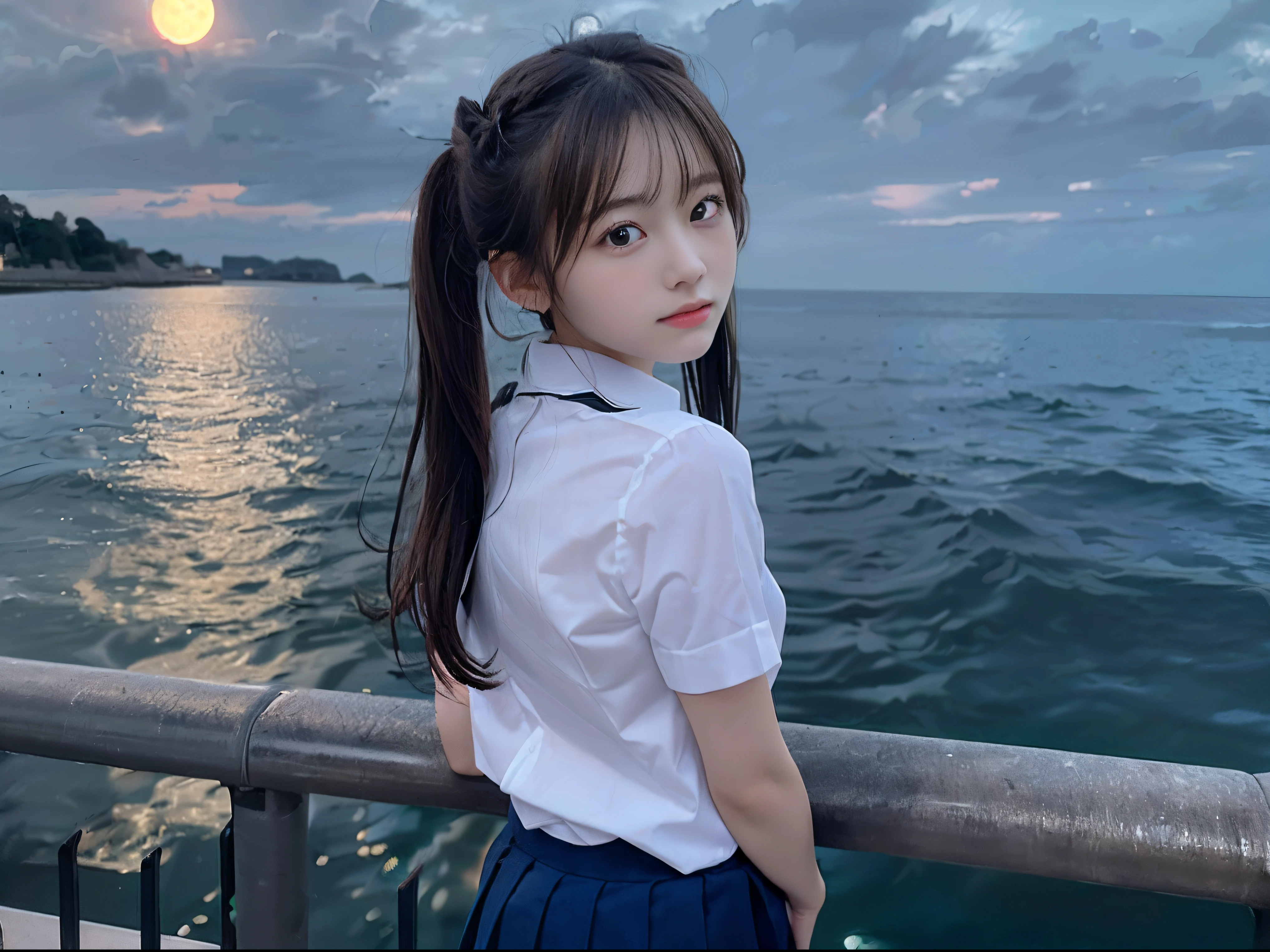 (Close up portrait of one girl with slender small breasts with twin-tailed hair in school uniform:1.5)、(Girl looking at camera from behind at the edge of screen:1.3)、(Large full moon reflected in the sea at night :1.3)、(Perfect Anatomy:1.3)、(complete hands:1.3)、(complete fingers:1.3)、Photorealsitic、Raw photography、masutepiece、top-quality、hight resolution、delicate and pretty、face perfect、Beautiful detailed eyes、Fair skin、Real Human Skin、pores、((thin legs))、(Dark hair)
