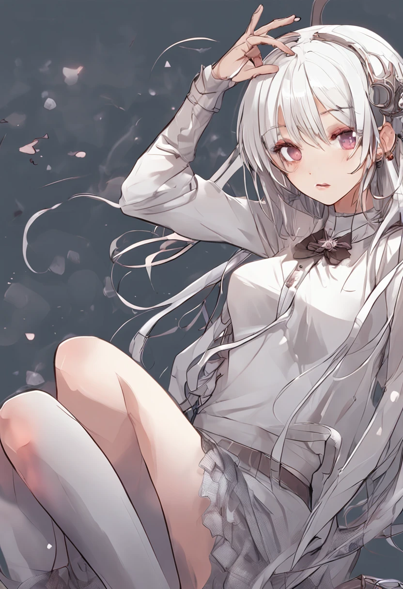 White hair, Anime Beautiful Girl,Long white fishnet socks,Superskirt,sitted,The crotch opens