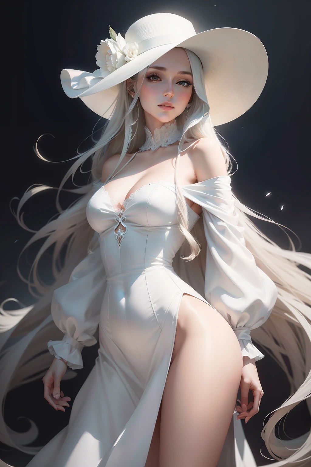 Long haired woman in white hat and white shirt, elegant digital painting, Gorgeous digital painting, Guviz-style artwork, stunning digital painting, digital art of an elegant, Exquisite digital illustration, high quality digital painting, Digital painting style, in the art style of bowater, digital painting style, beautiful digital painting