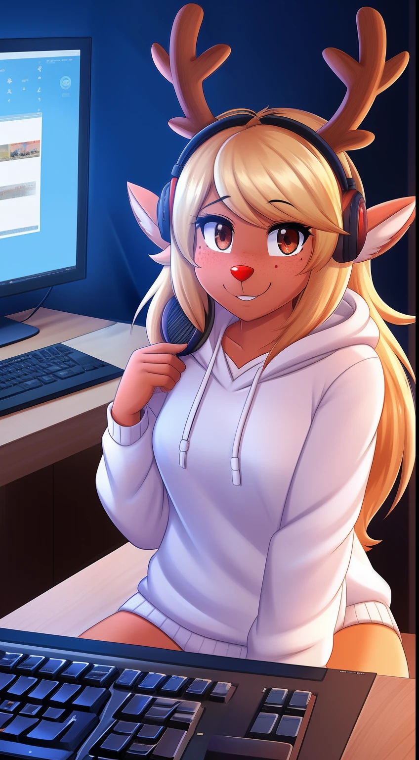 Noelle Holiday from Deltarune, 1girl, solo, white hoodie, bedroom, sitting, computer, keyboard, looking at you, pretty, smile, freckles, red nose, headphones, antlers, professional art made by twistedscarlett60, orange body, red freckles, brown eyes, night