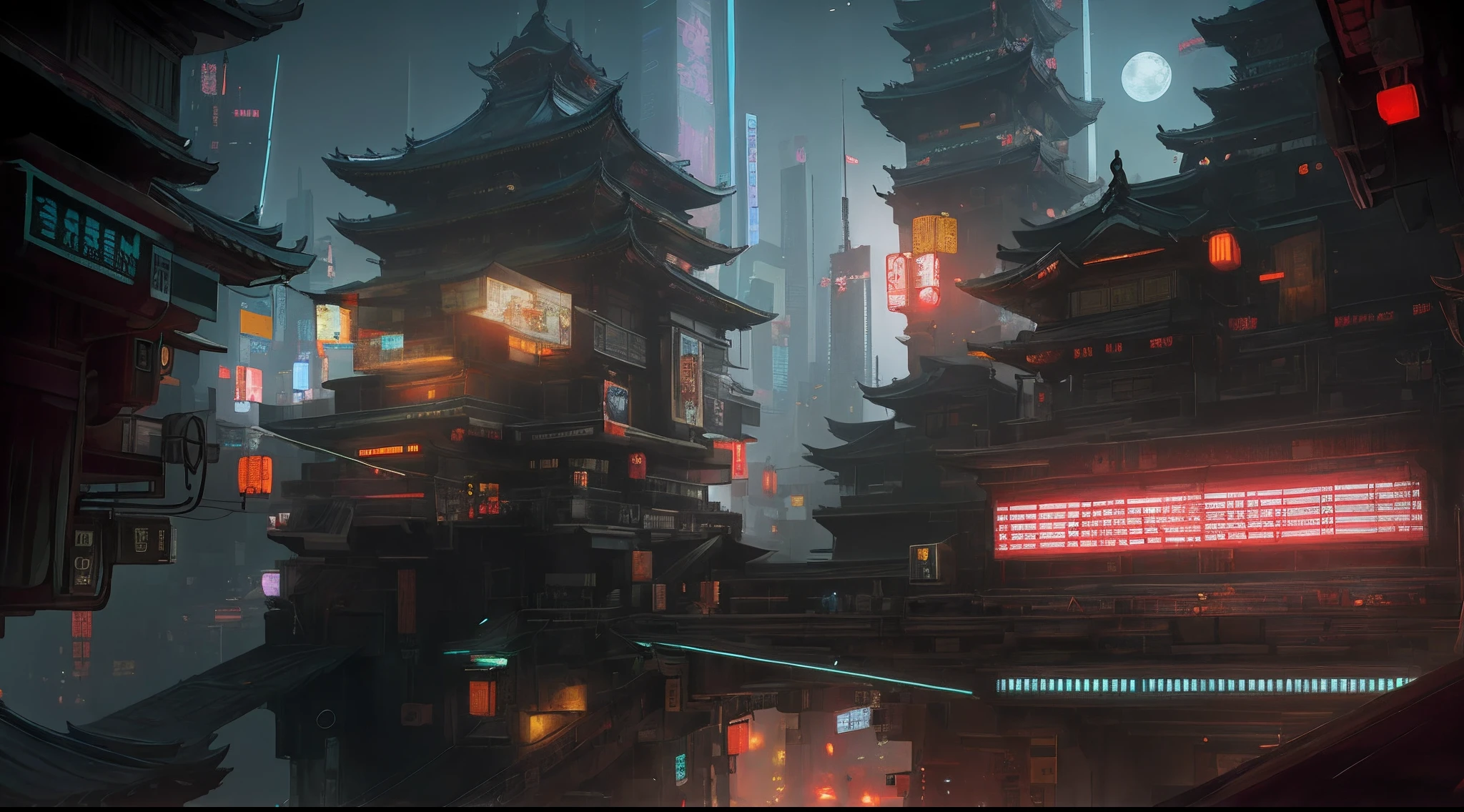 There are a lot of buildings in the city at night，lights on, cyberpunk chinese ancient castle, cyberpunk japanese temple, Cyberpunk temple, hyper realistic cyberpunk city, china town blade runner, cyberpunk city landscape, cyberpunk theme art, dreamy Chinese towns, Cyberpunk city, Cyberpunk art style, cyberpunk dreamscape, busy cyberpunk metropolis, Hyper-realistic cyberpunk style, Cyberpunk concept art, smooth digital concept art