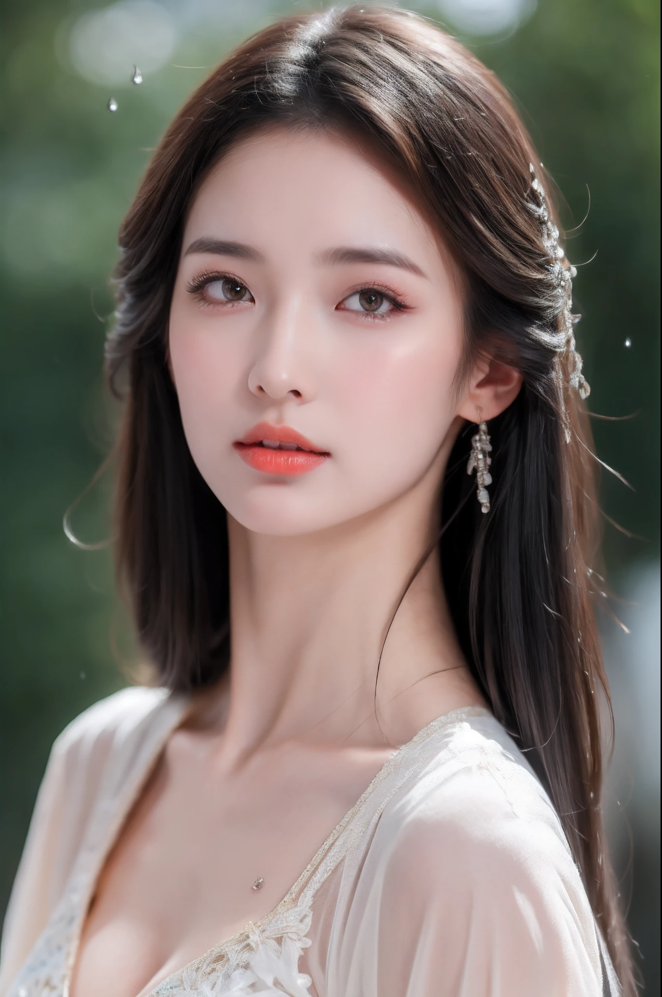 ((Best Quality, 8k, Masterpiece: 1.3)), Focus: 1.2, Perfect Body Beauty: 1.4, Buttocks: 1.2, ((Layered Haircut)), (Wet Clothes: 1.1), (Rain, Street:1.3), (Breasts: 1.2), (Hanfu: 1.2), Bare Shoulders, Bare Legs, Highly Detailed Face and Skin Texture, Fine Eyes, Double Eyelids, Whitened Skin, Long Hair, (Shut Up: 1.5), (Bokeh Background: 1.5), Big Breasts