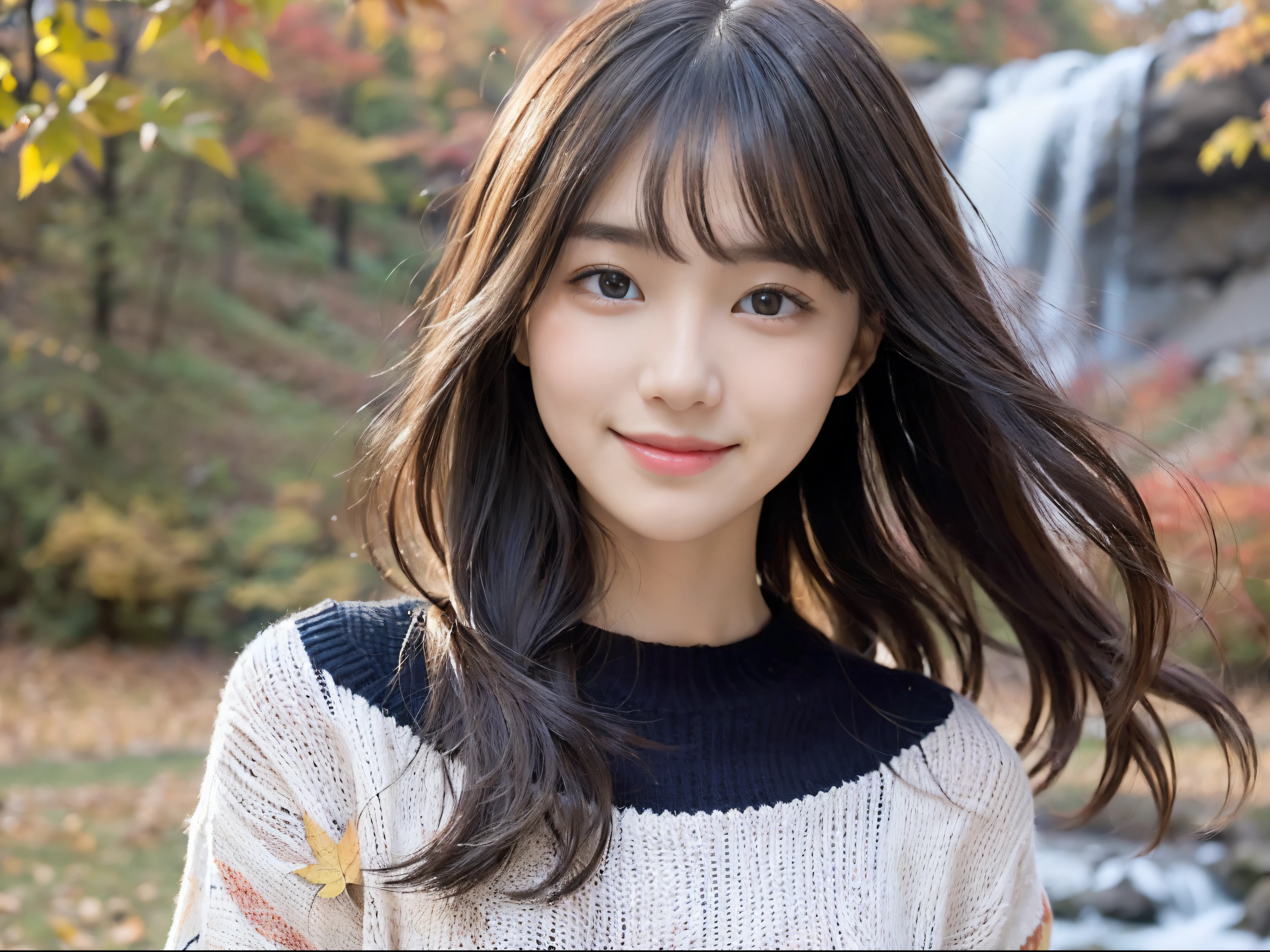 (Close up portrait of one girl with slender small breasts and very long hair in colorful autumn shirt and sweater:1.5)、(Smiling girl with hair fluttering in the wind stands on the edge of the screen:1.3)、(Waterfall and wonderfully beautiful autumn foliage background :1.3)、(Perfect ???????:1.3)、(complete hands:1.3)、(complete fingers:1.3)、Photorealsitic、Raw photography、masutepiece、top-quality、hight resolution、delicate and pretty、face perfect、Beautiful detailed eyes、Fair skin、Real Human Skin、pores、((thin legs))、(Dark hair)