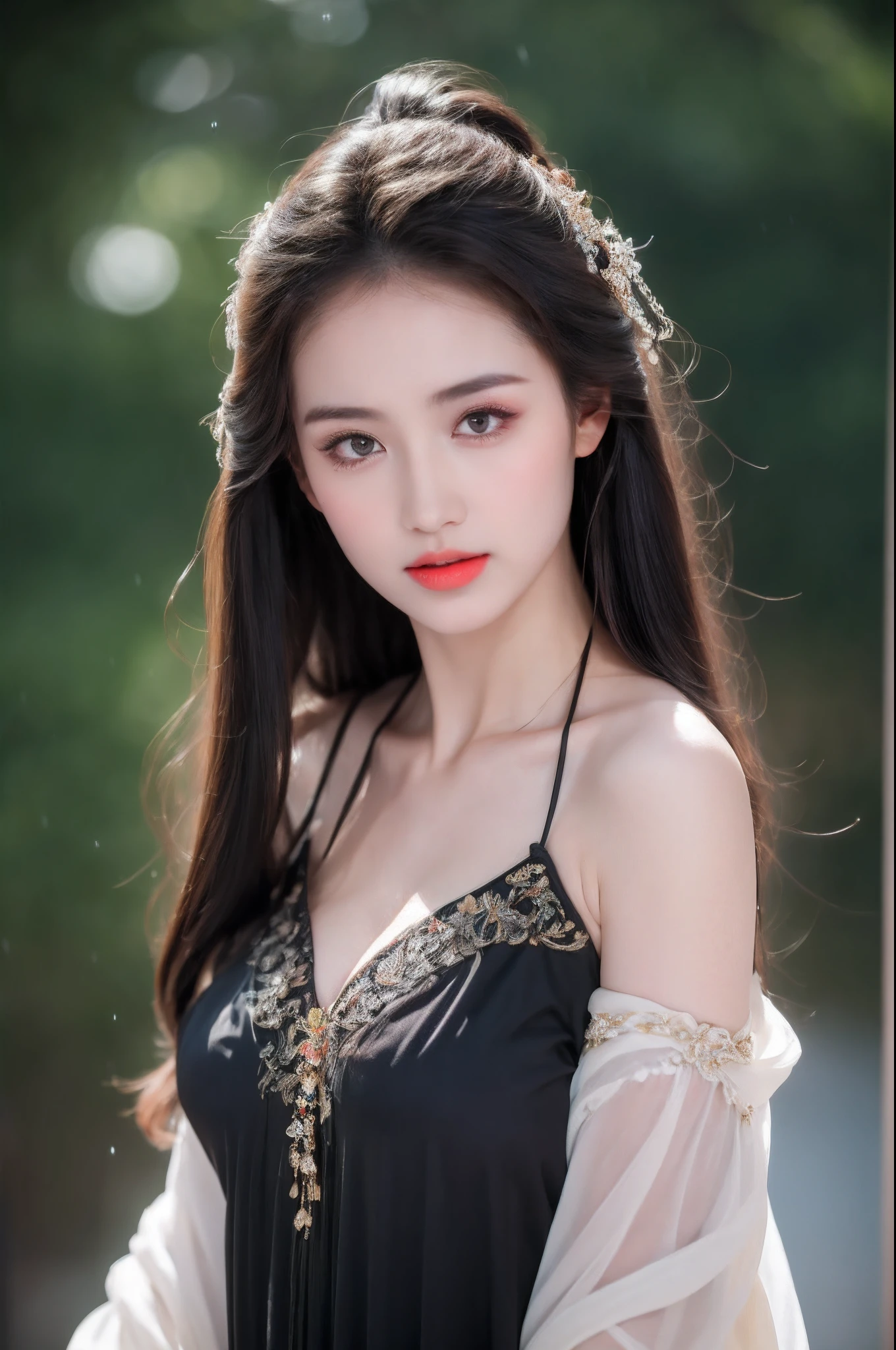 ((Best Quality, 8k, Masterpiece: 1.3)), Focus: 1.2, Perfect Body Beauty: 1.4, Buttocks: 1.2, ((Layered Haircut)), (Wet Clothes: 1.1), (Rain, Street:1.3), (Breasts: 1.2), (Hanfu: 1.2), Bare Shoulders, Bare Legs, Highly Detailed Face and Skin Texture, Fine Eyes, Double Eyelids, Whitened Skin, Long Hair, (Shut Up: 1.5), (Bokeh Background: 1.5), Big Breasts