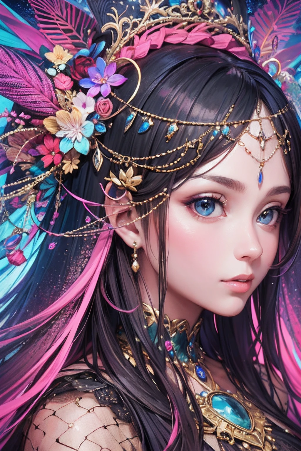 tmasterpiece，top Quority，best qualtiy，offcial art，（Beauty and aesthetics：1.2），1girll，Extremely detailed，（s fractal art：1.3），Extremely colorful，Most detailed，Bust，Overlooking，A picture that combines the virtual and the real，dynamic viewing angle。