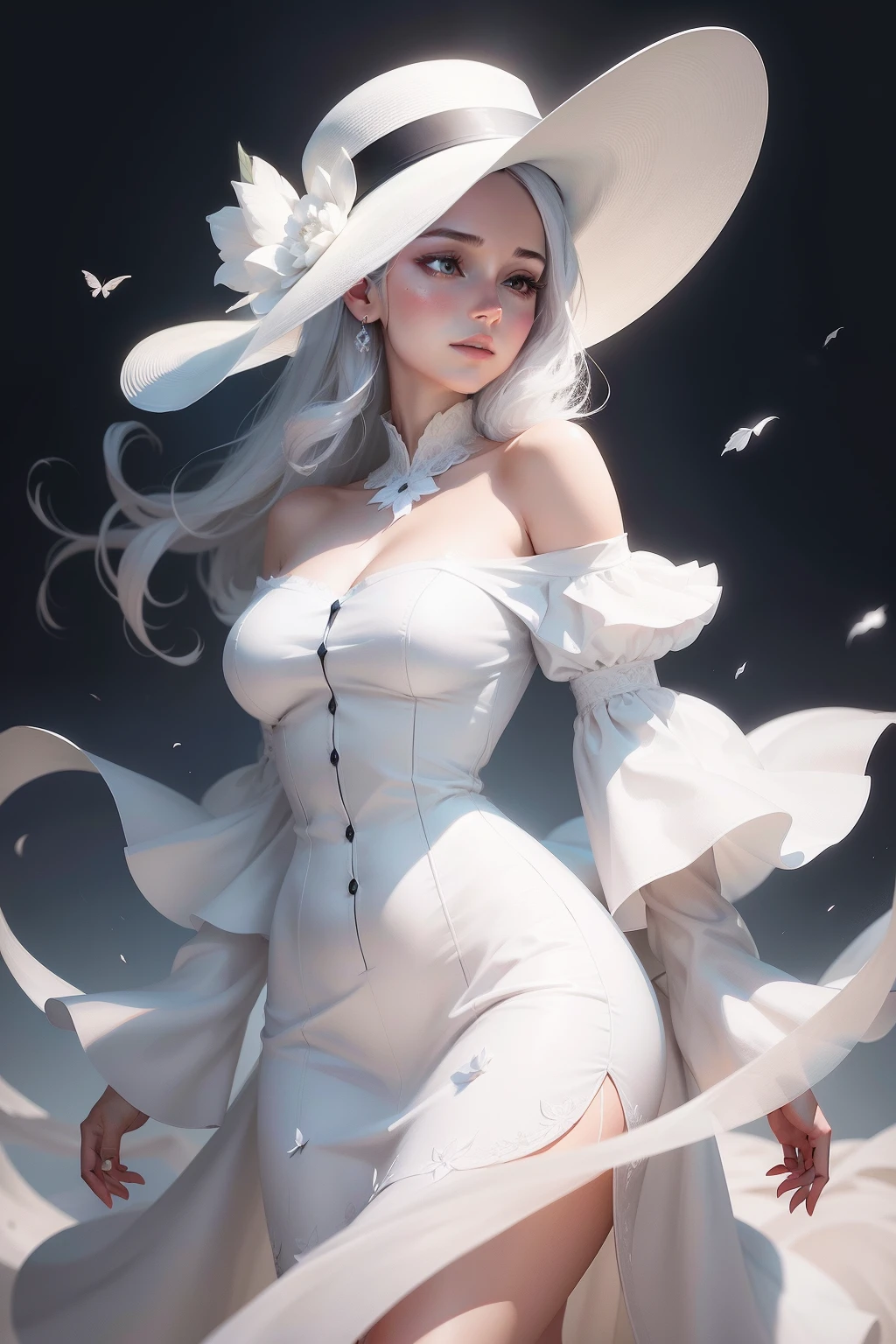 there is a woman wearing a white hat and a white dress, elegant digital painting, Gorgeous digital painting, Guviz-style artwork, Spastic Painting wind, beautiful digital painting, Digital painting style, stunning digital painting, in the art style of bowater, high quality digital painting, Beautiful character painting, style digital painting, digital painting style
