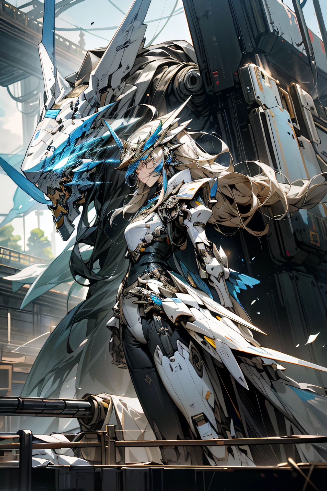 tmasterpiece,Best quality at best,Exquisite,(Dynamic angles),floatking,(Detailed light),Dappled light and shadow,(城市,城市),large tall,shock,spectacular,the detail,Mecha parts,Important parts,high detal,exquisitedetails,Exquisite parts,giant mecha,((Mecha mask,Blue head structure,The helmet is in a T-shape,Emits blue light,Crusader voyeur,in mecha style)),(Single mech),((Blue and white staggered,Blue-white body,The waist has a large number of mechanical parts,Complexity)),Blue-white legs,Mechanical wings,((heavy metal style,Cyber friend style,Futuristic,A sense of shock,mechs)),(massiness,mega,heaviness)