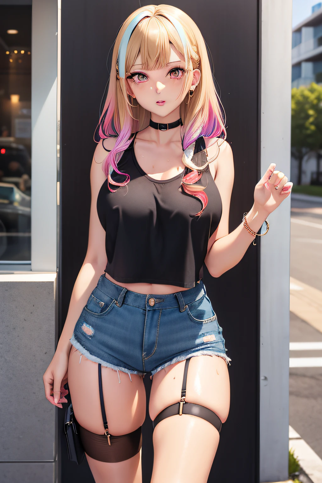 gyaru, Medium hair, Wet hair, hair slicked back, view the viewer, Multicolored eyes, Large breasts, Sleeveless shirt, Short shorts, The shirt, Neck garter, Sam_polypubic hair, Crotch_Cord,upper legs，blacksilk，Full body photo，standing on your feet