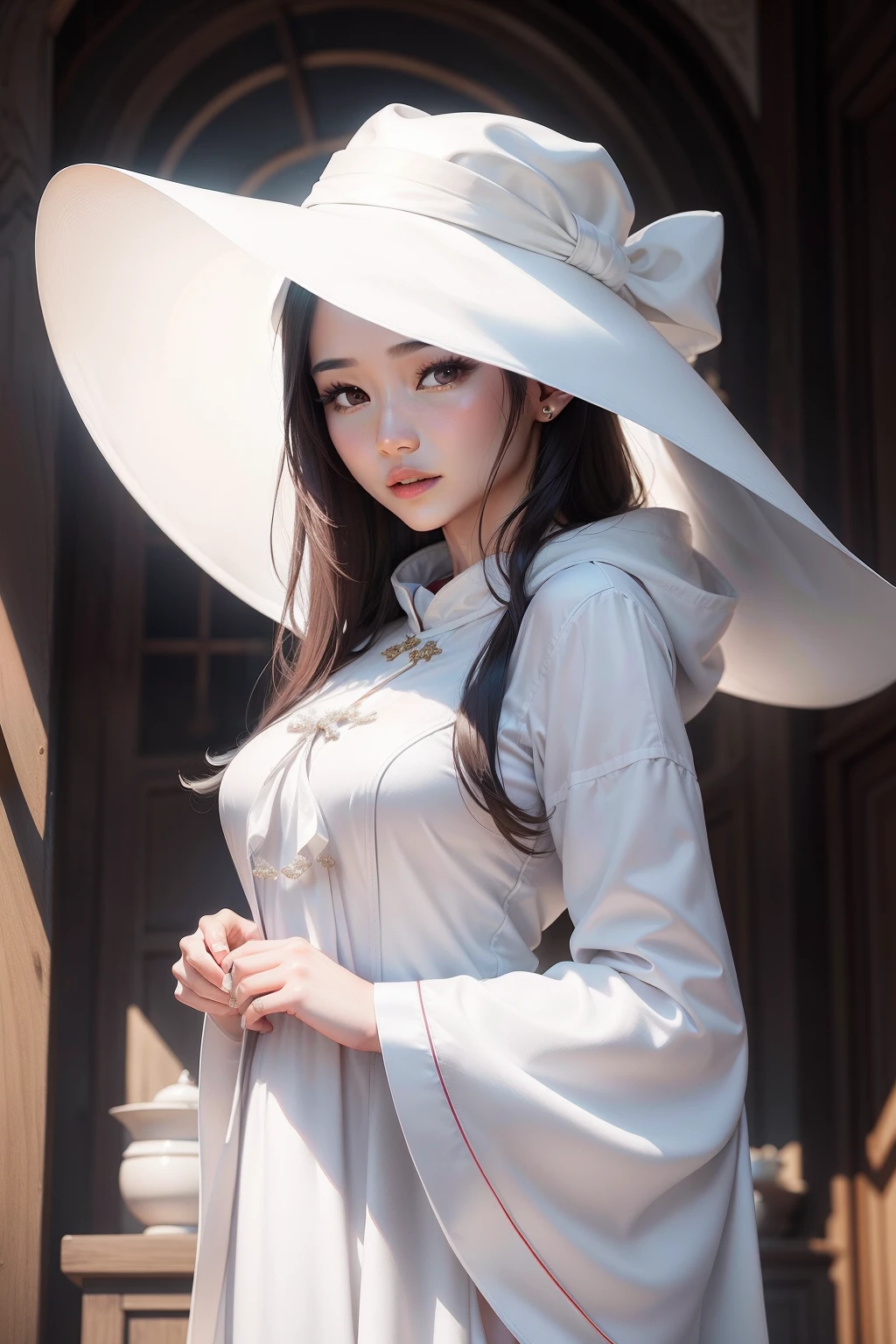 Arad woman in a white hat and white dress, author:Xia Yong, Beautiful young Korean woman, beautiful Korean women, a beautiful woman in white aodai, Gorgeous young Korean woman, author:Zhang Han, Korean woman, young cute wan asian face, Realistic. Cheng Yi, author:Yu Zheding, Portrait photo of a beautiful, Soft portrait shot 8 K, wearing white silk hood